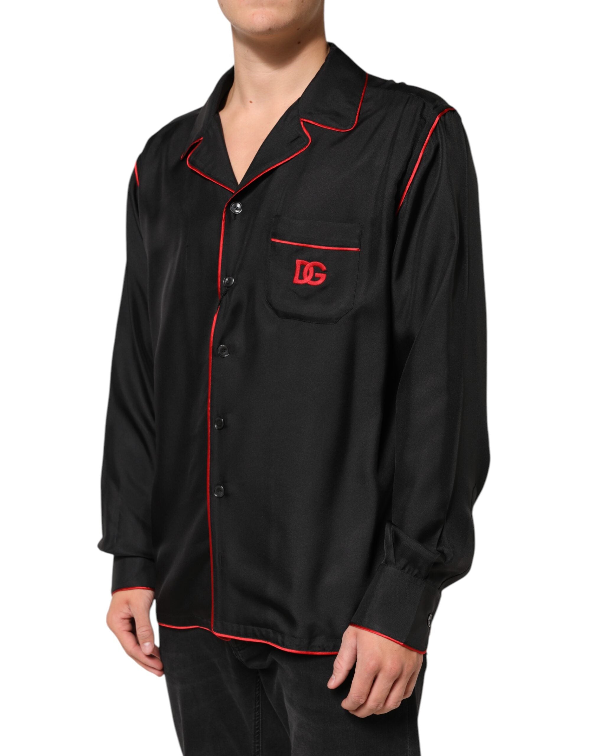 Dolce & Gabbana Black Red Contrast Trim Silk Casual Men's Shirt