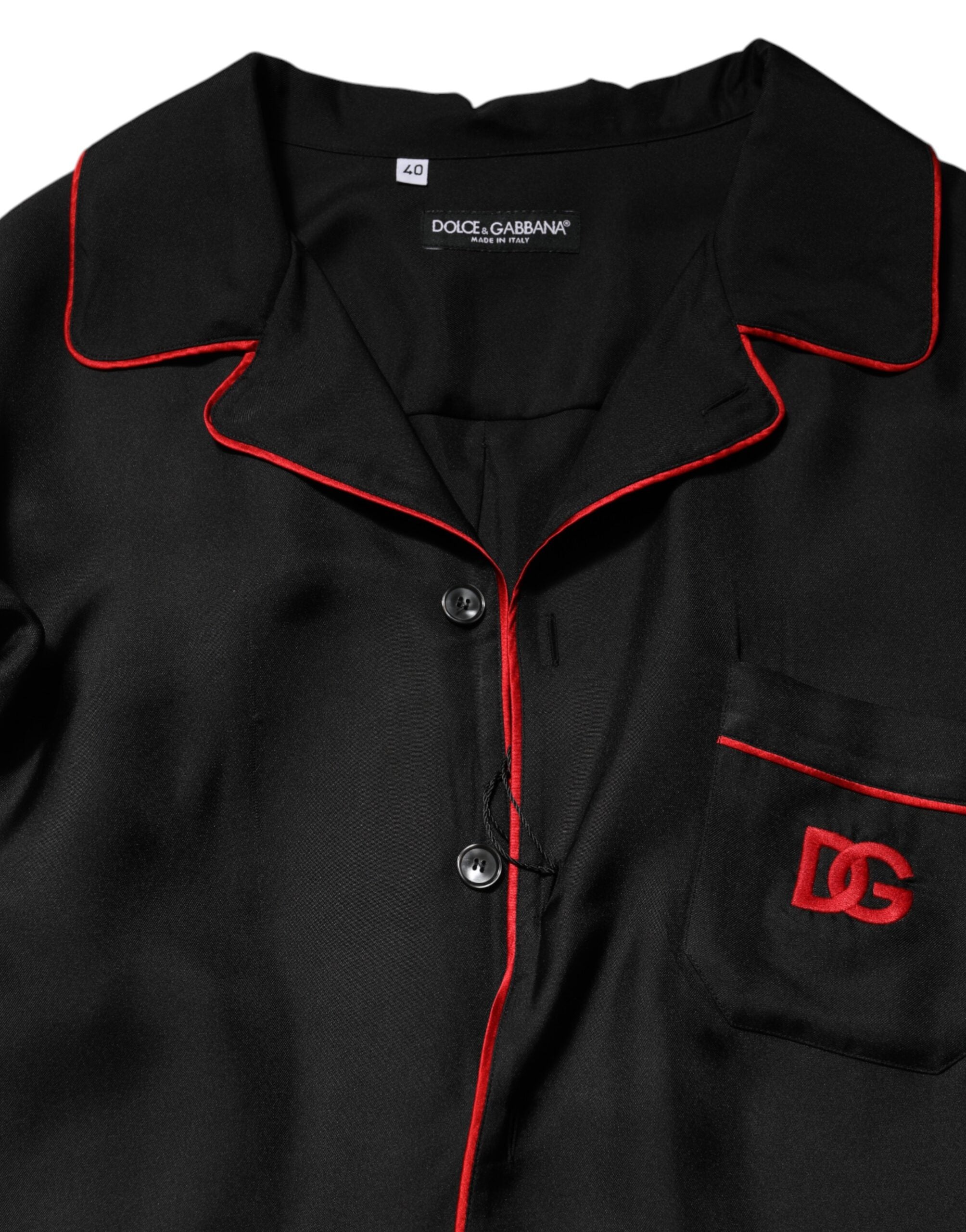 Dolce & Gabbana Black Red Contrast Trim Silk Casual Men's Shirt