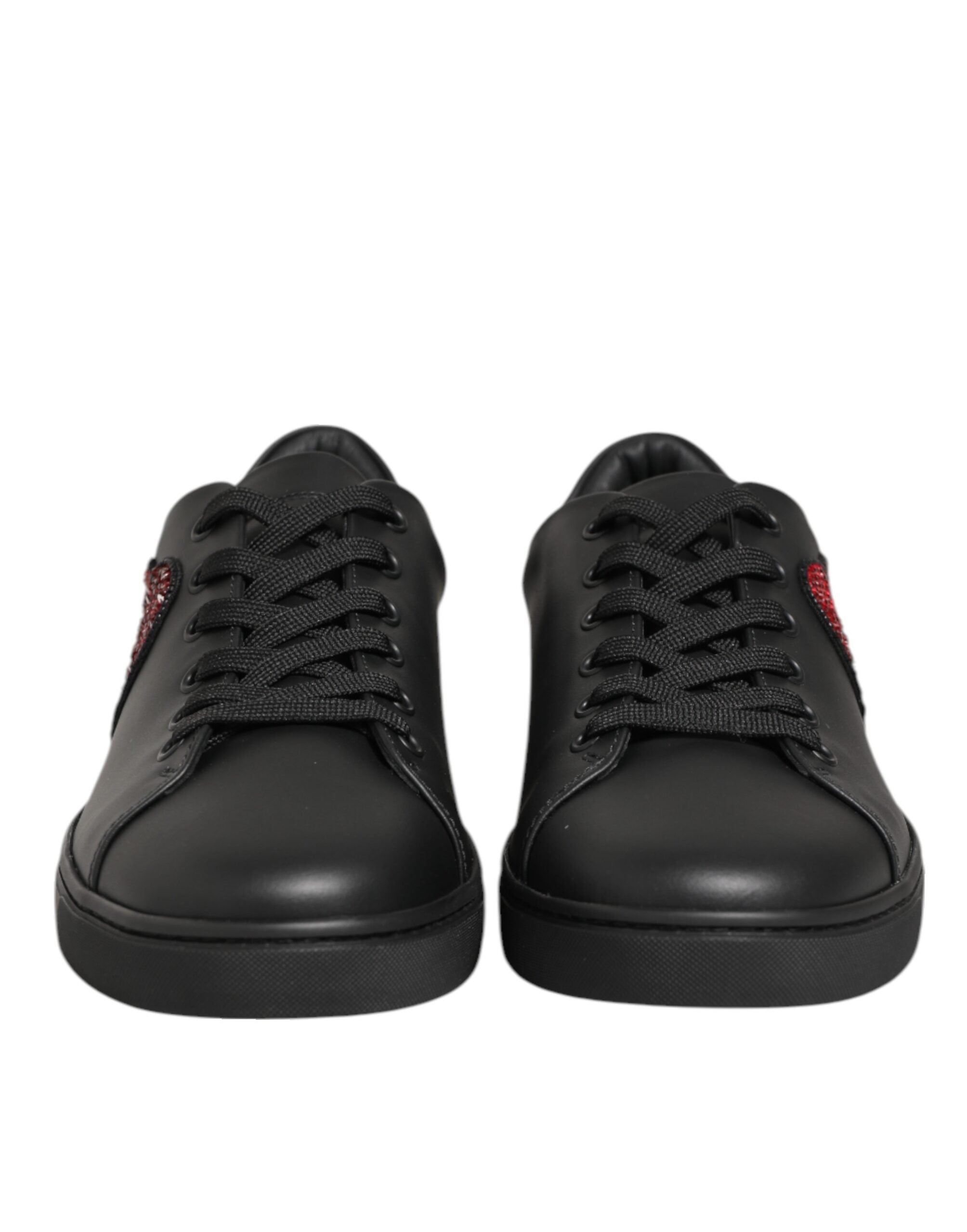 Dolce & Gabbana Black Leather Crystal Heart Sneakers Women's Shoes