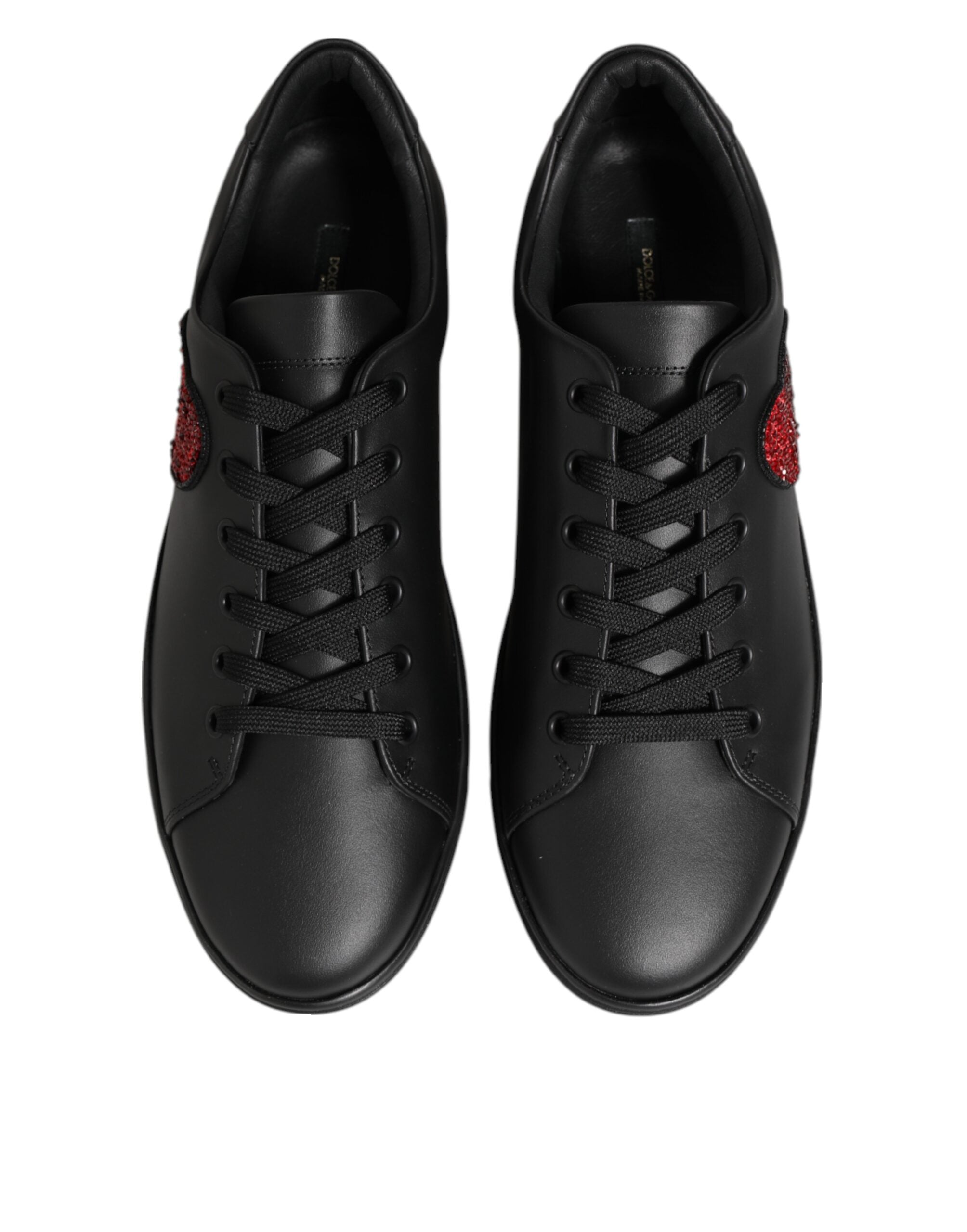 Dolce & Gabbana Black Leather Crystal Heart Sneakers Women's Shoes