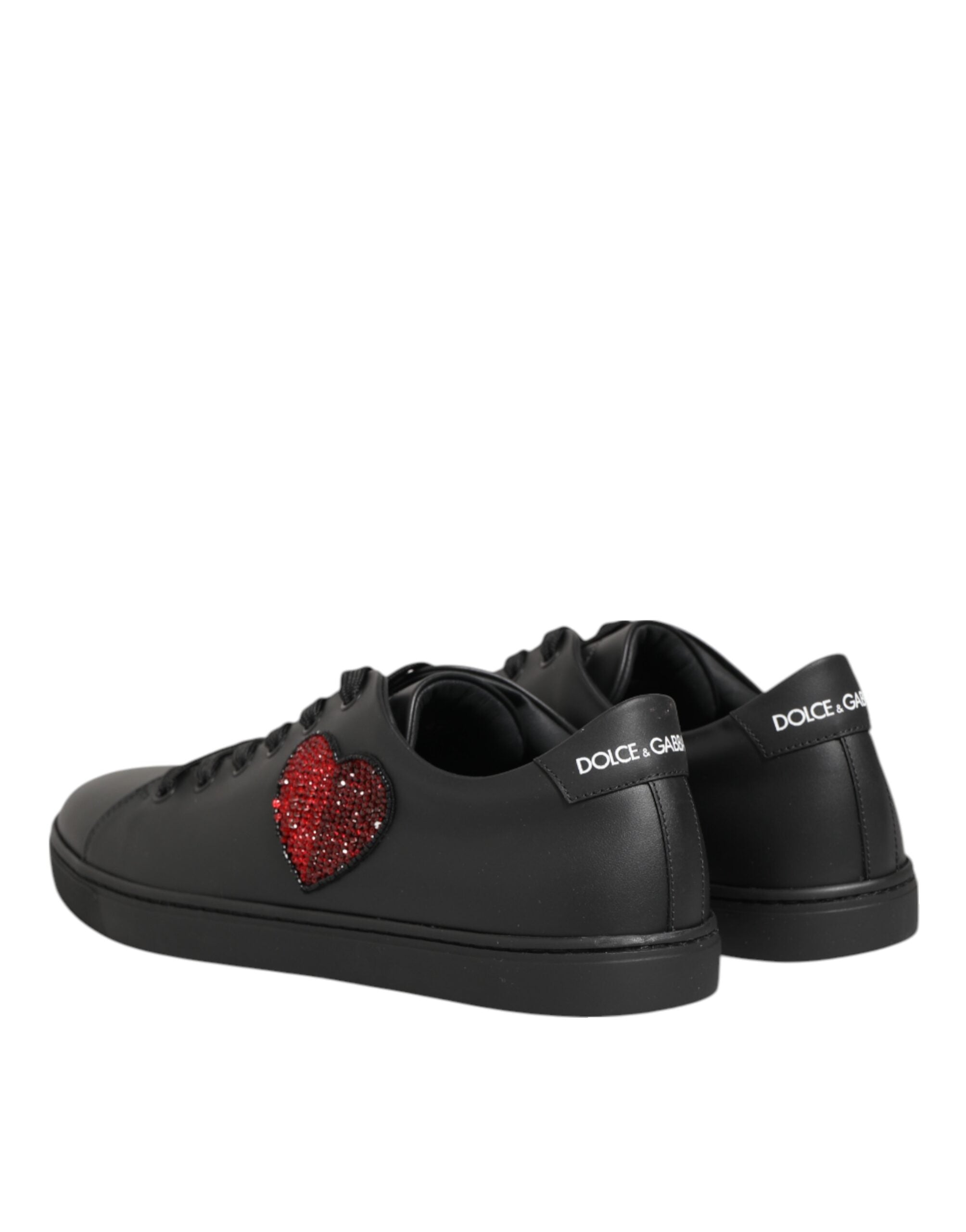 Dolce & Gabbana Black Leather Crystal Heart Sneakers Women's Shoes