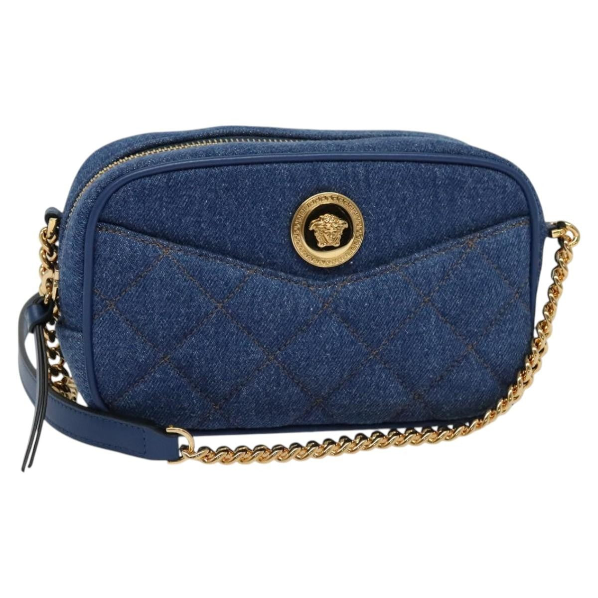 Versace Medusa Icon Front Slip Pocket Camera Quilted Denim Blue Canvas Shoulder Bag Bag (Pre-Owned)