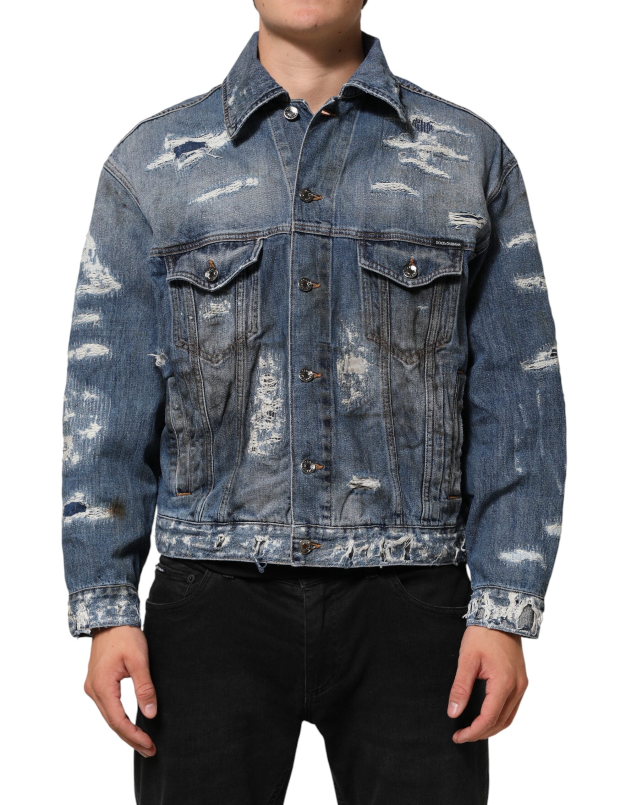 Dolce & Gabbana Blue Cotton Tattered Denim Blouson Men's Jacket (Pre-Owned)
