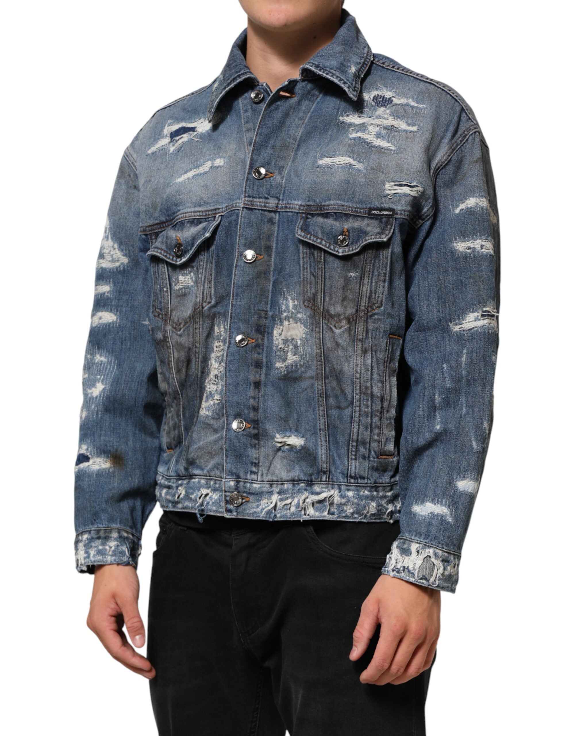 Dolce & Gabbana Blue Cotton Tattered Denim Blouson Men's Jacket (Pre-Owned)