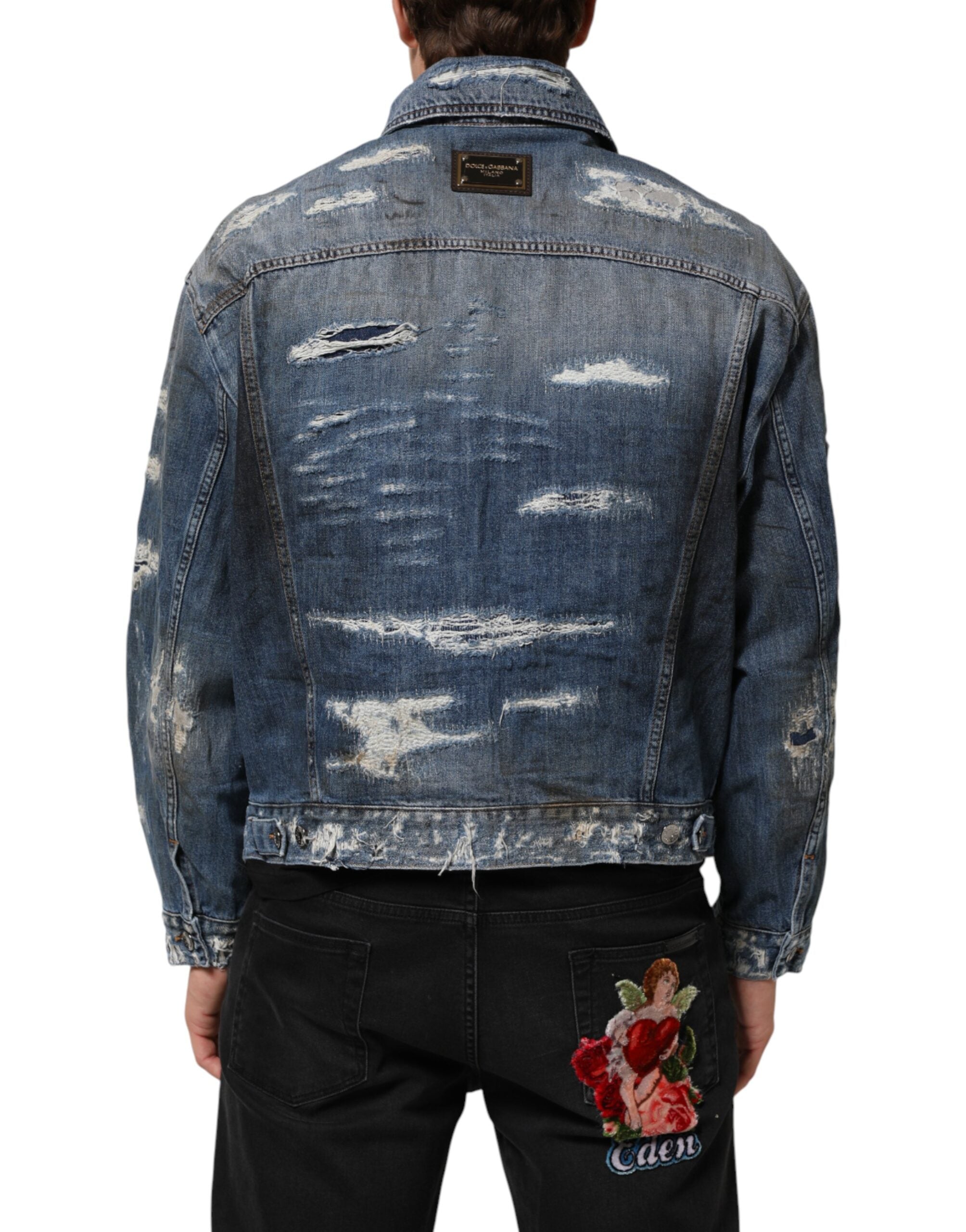 Dolce & Gabbana Blue Cotton Tattered Denim Blouson Men's Jacket (Pre-Owned)