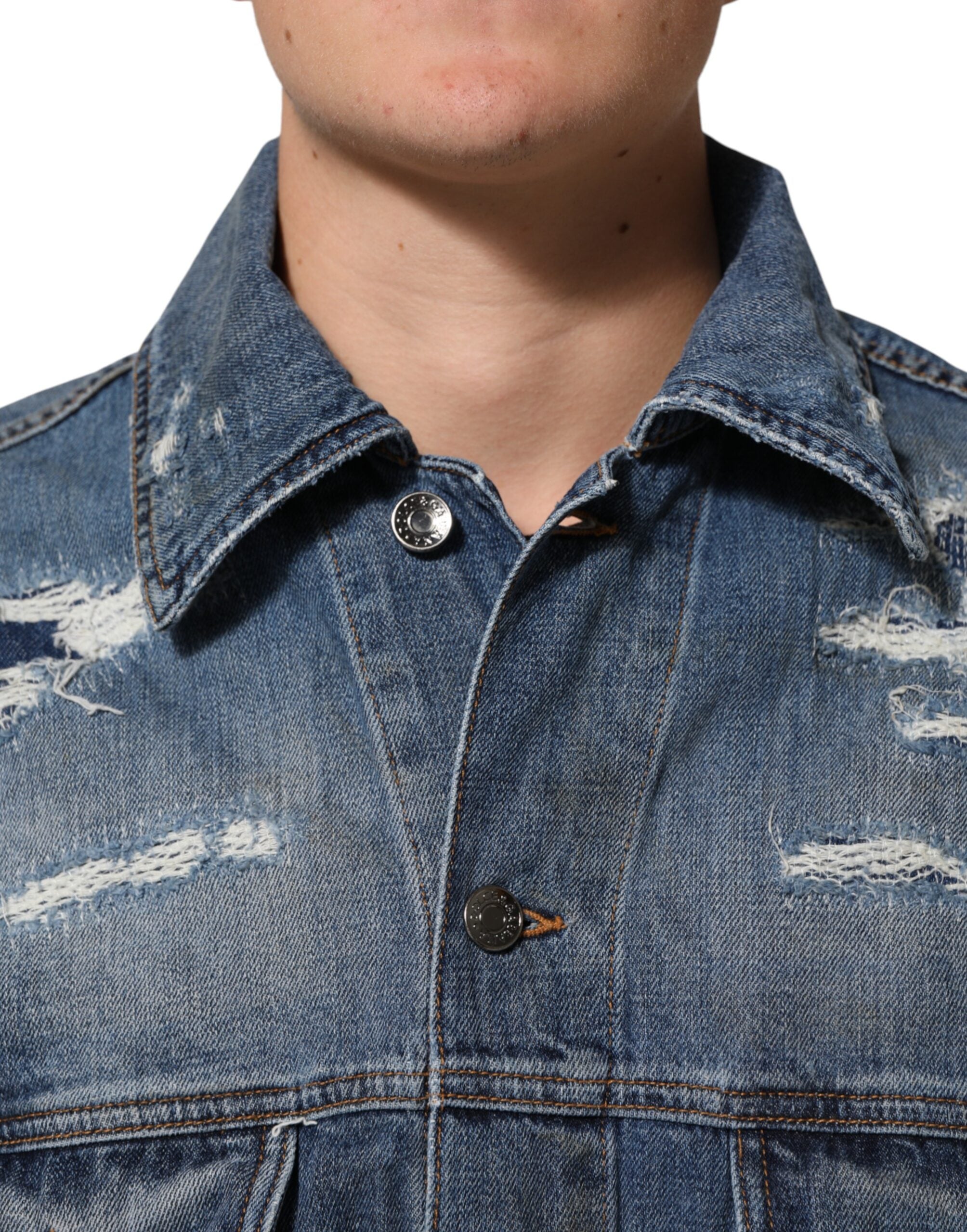 Dolce & Gabbana Blue Cotton Tattered Denim Blouson Men's Jacket (Pre-Owned)