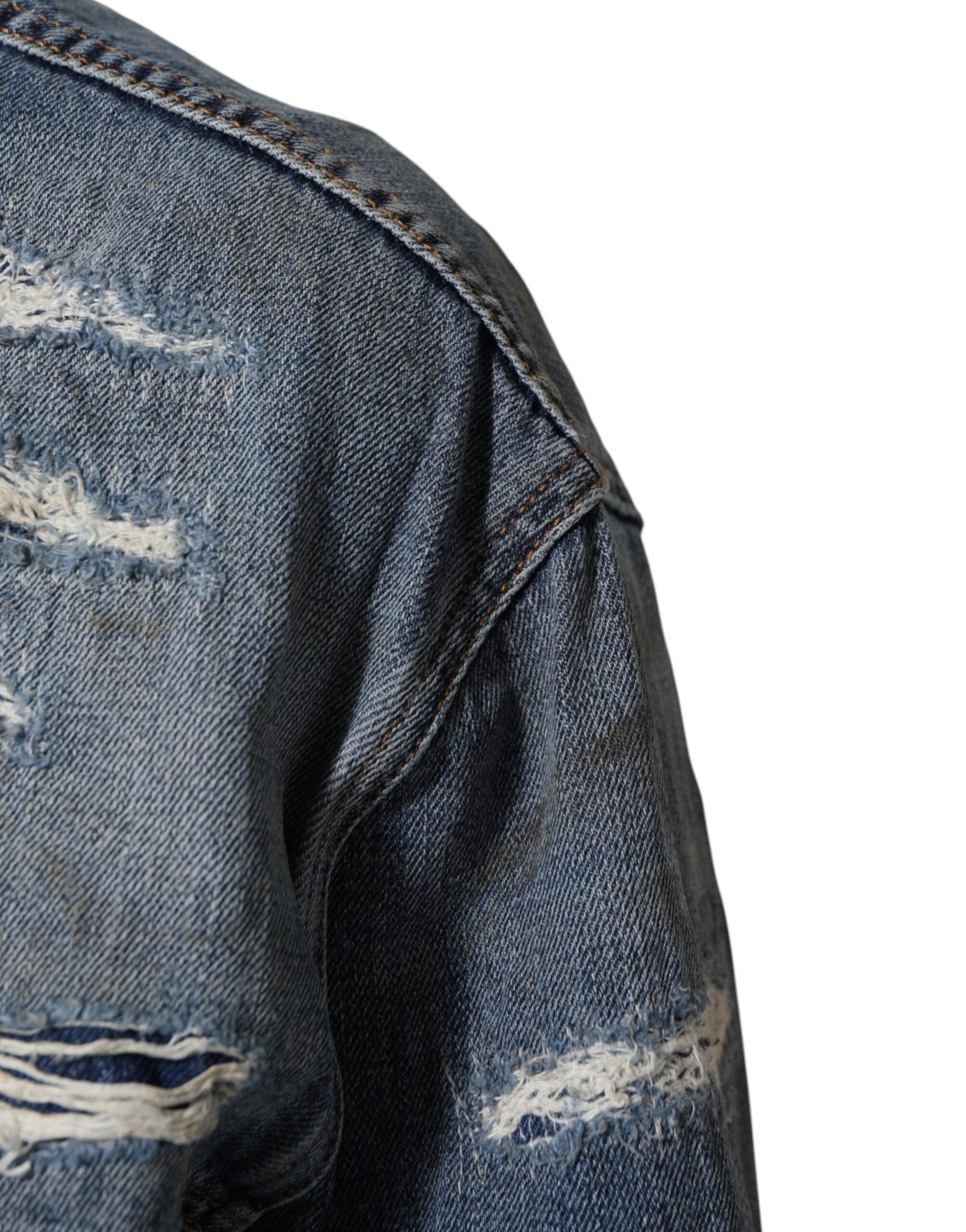 Dolce & Gabbana Blue Cotton Tattered Denim Blouson Men's Jacket (Pre-Owned)