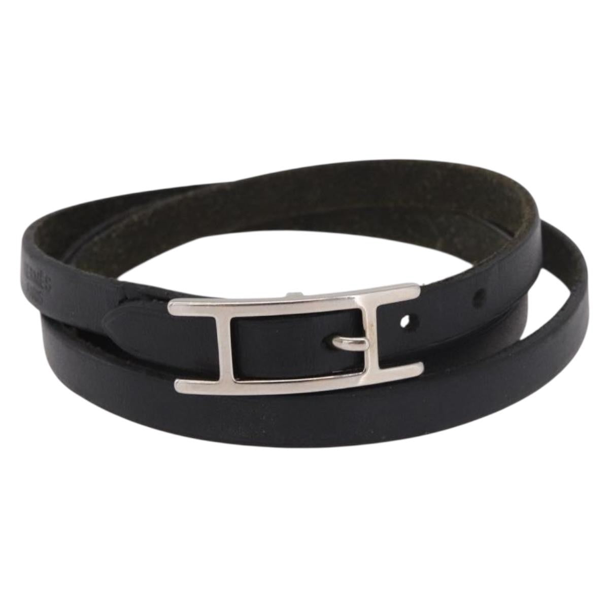 Hermes Hapi 3 Leather With Metal Black Leather Bracelet Jewelry (Pre-Owned)