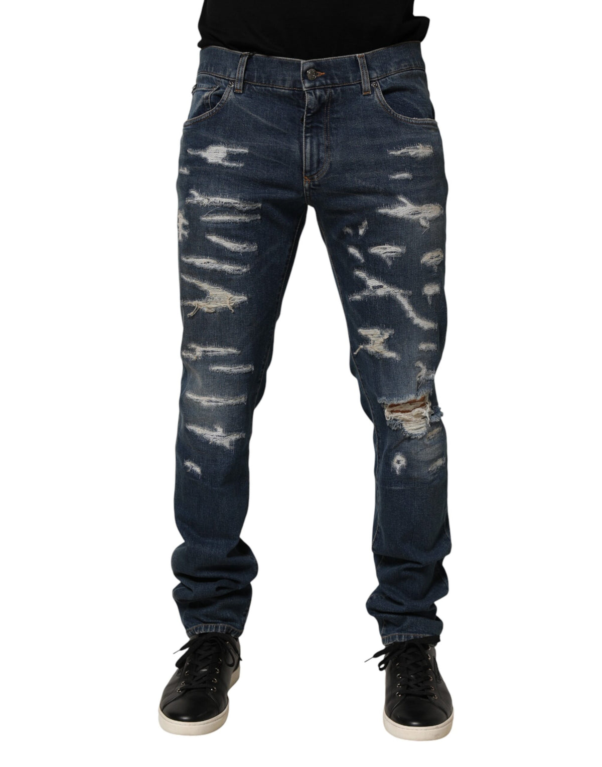 Dolce & Gabbana Blue Tattered Cotton Skinny Men Denim Men's Jeans