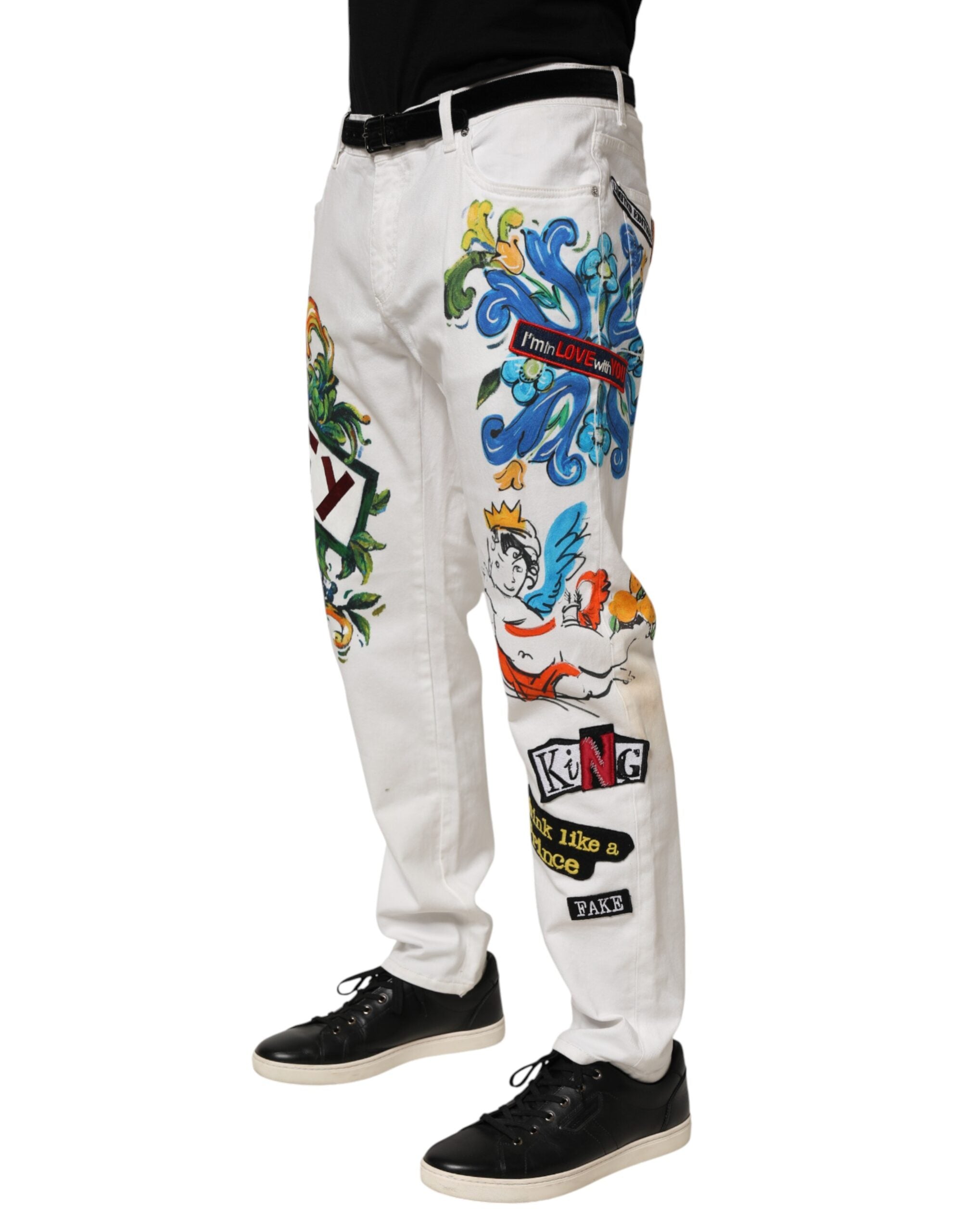 Dolce & Gabbana White Graffiti Print Skinny GOLD Denim Men's Jeans (Pre-Owned)