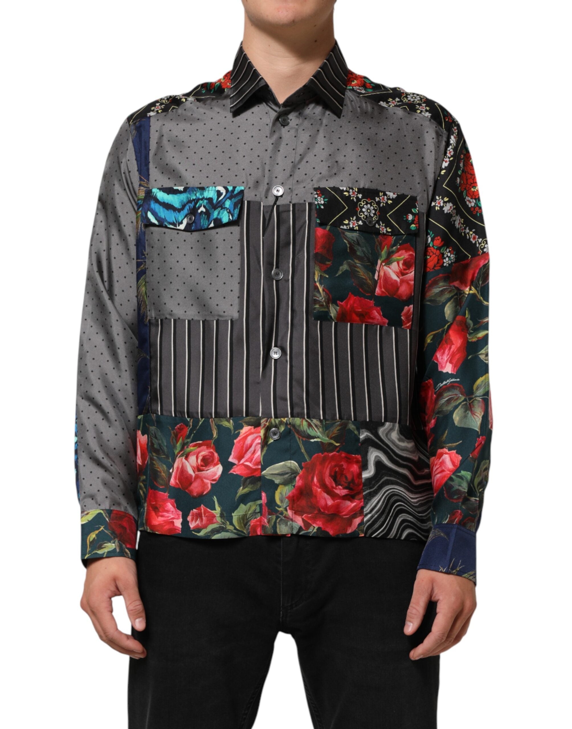 Dolce & Gabbana Multicolor Patchwork Long Sleeves Silk Men's Shirt