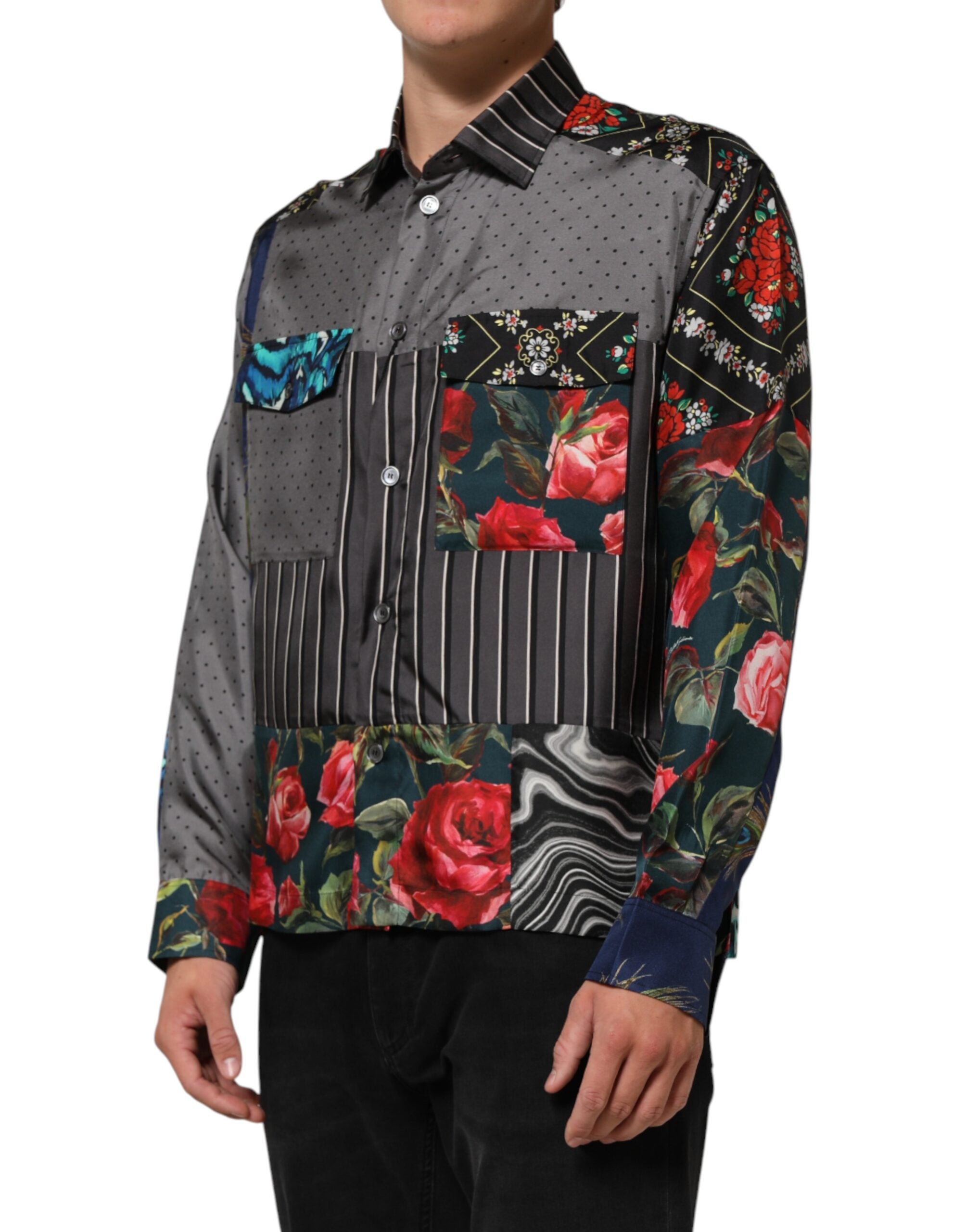 Dolce & Gabbana Multicolor Patchwork Long Sleeves Silk Men's Shirt