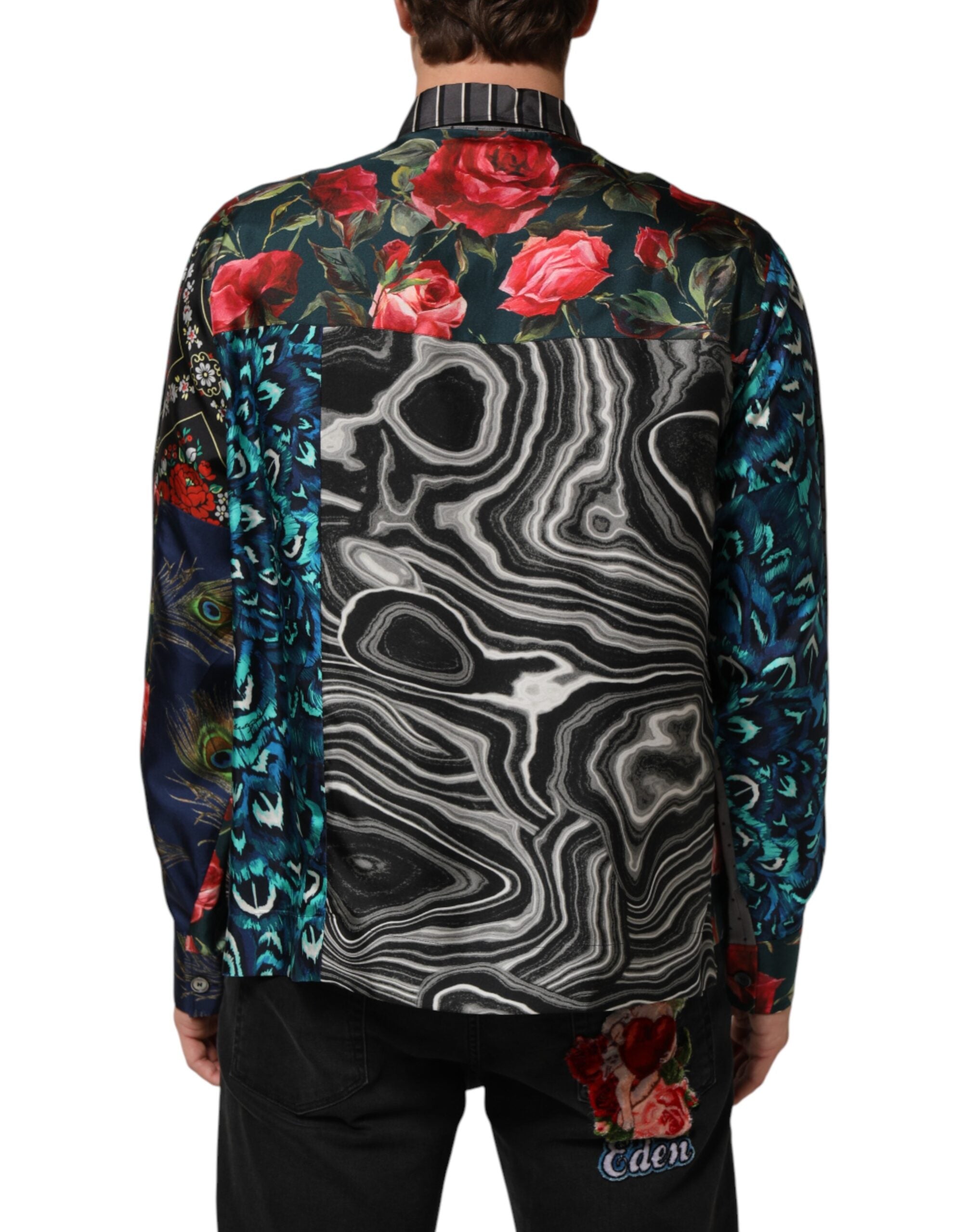 Dolce & Gabbana Multicolor Patchwork Long Sleeves Silk Men's Shirt