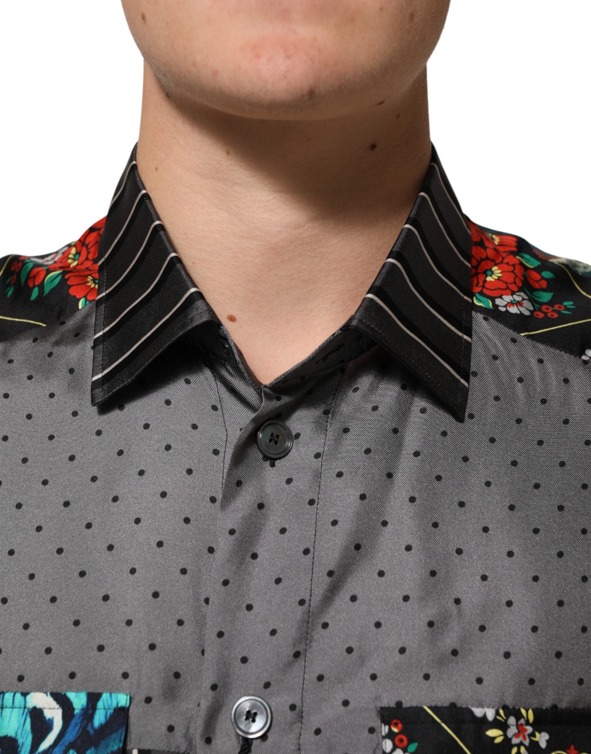 Dolce & Gabbana Multicolor Patchwork Long Sleeves Silk Men's Shirt