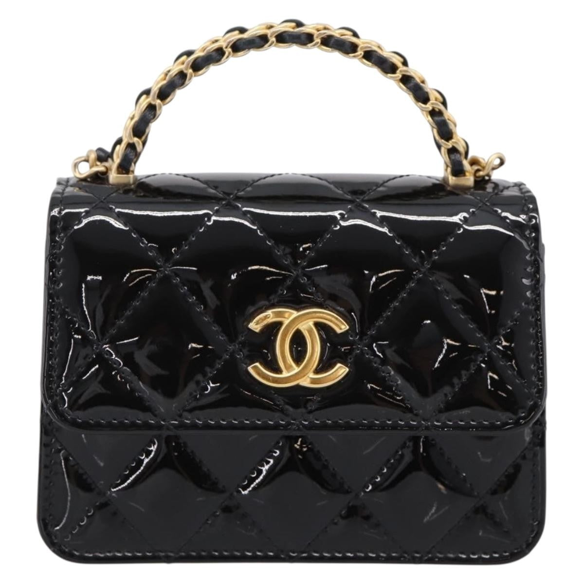 Chanel Woven Top Handle Cc Flap Clutch On Chain Patent Leather Black Patent_Leather Shoulder Bag Bag (Pre-Owned)