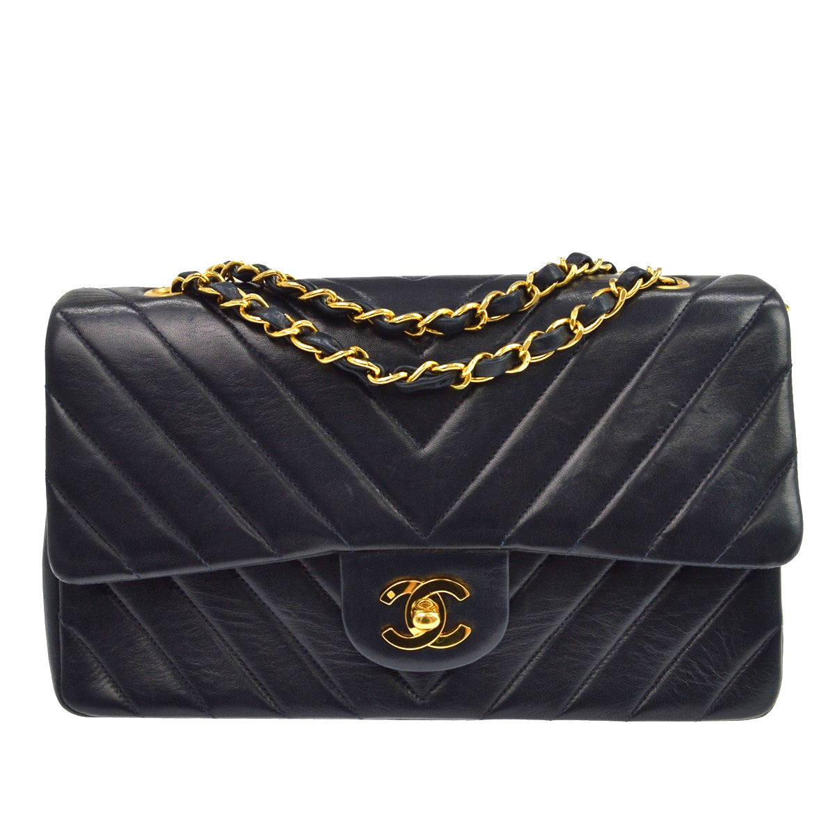 Chanel Vintage Classic Double Flap Chevron Lambskin Black Leather Shoulder Bag Bag (Pre-Owned)