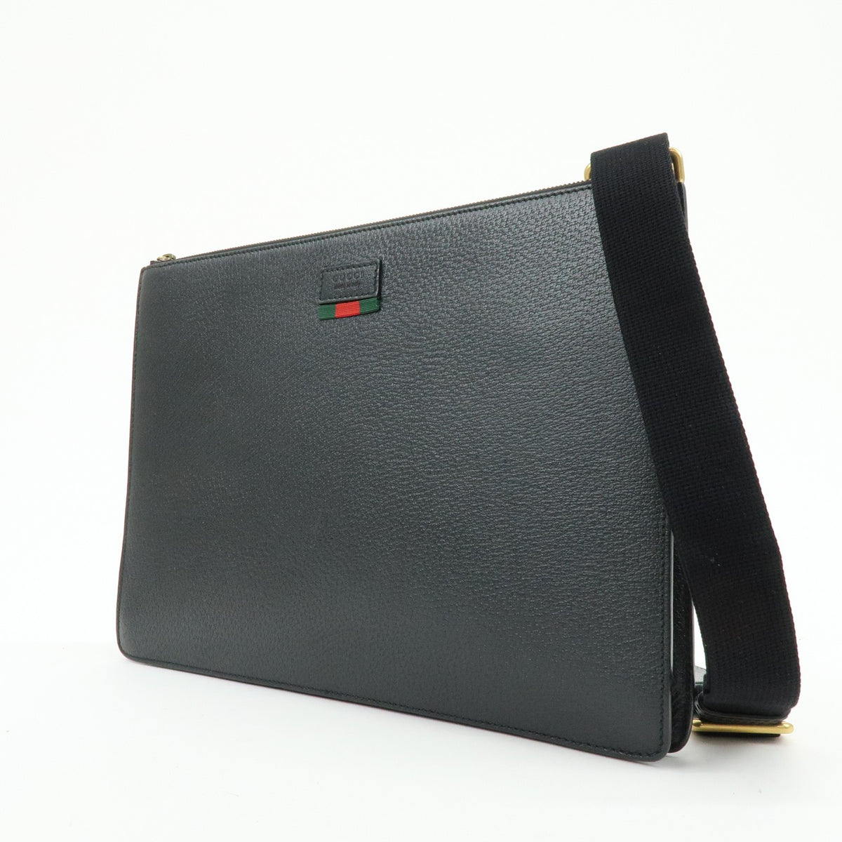 Gucci Web Strap Front Zip Messenger Leather Black Leather Handbag (Pre-Owned)