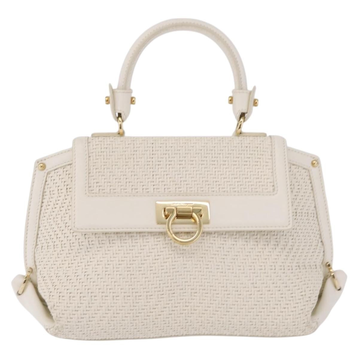 Salvatore Ferragamo Sofia Satchel Woven Leather White Leather Handbag (Pre-Owned)