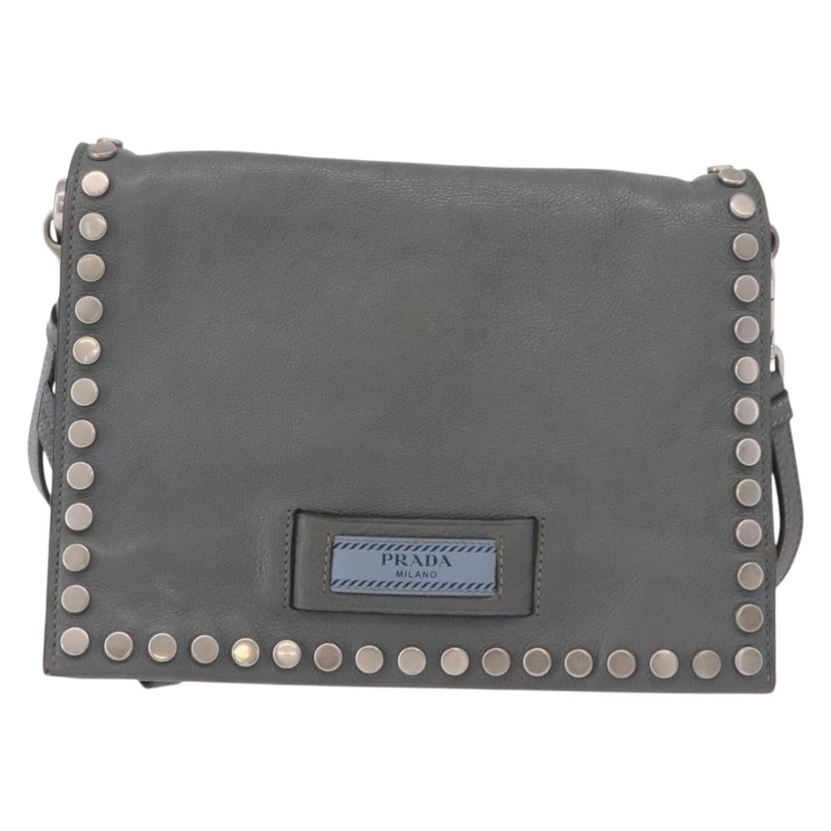 Prada Etiquette Flap Studded Glace Calfskin Gray Leather Shoulder Bag Bag (Pre-Owned)