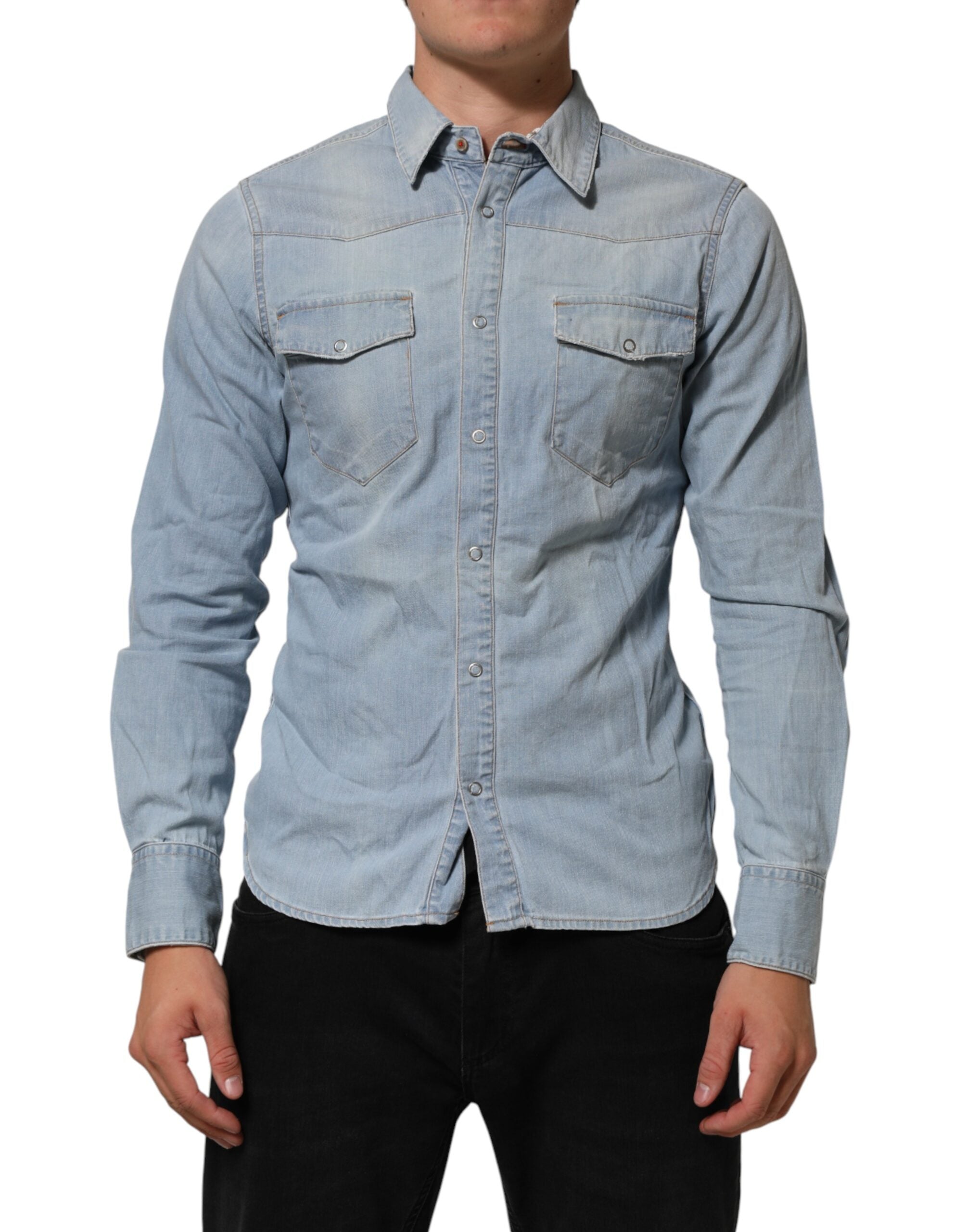 Maison Clochard Blue Denim Collared Long Sleeve Men Men's Shirt (Pre-Owned)