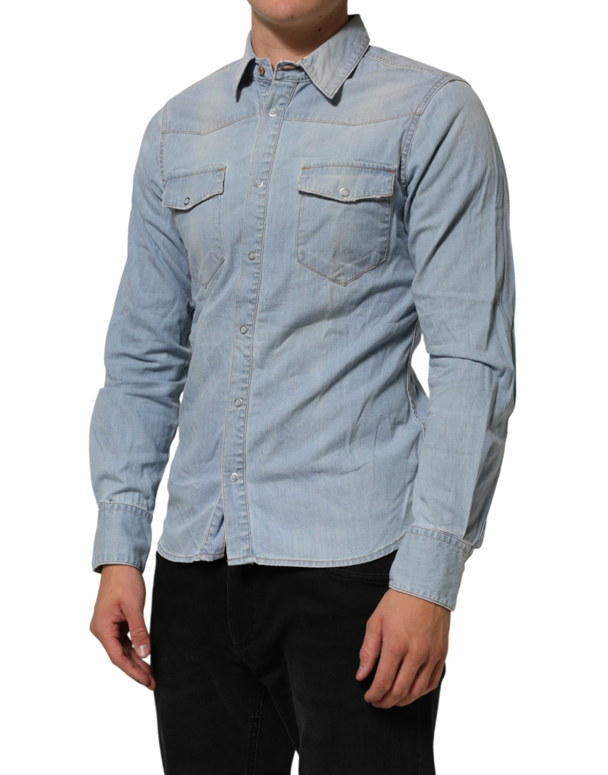 Maison Clochard Blue Denim Collared Long Sleeve Men Men's Shirt (Pre-Owned)