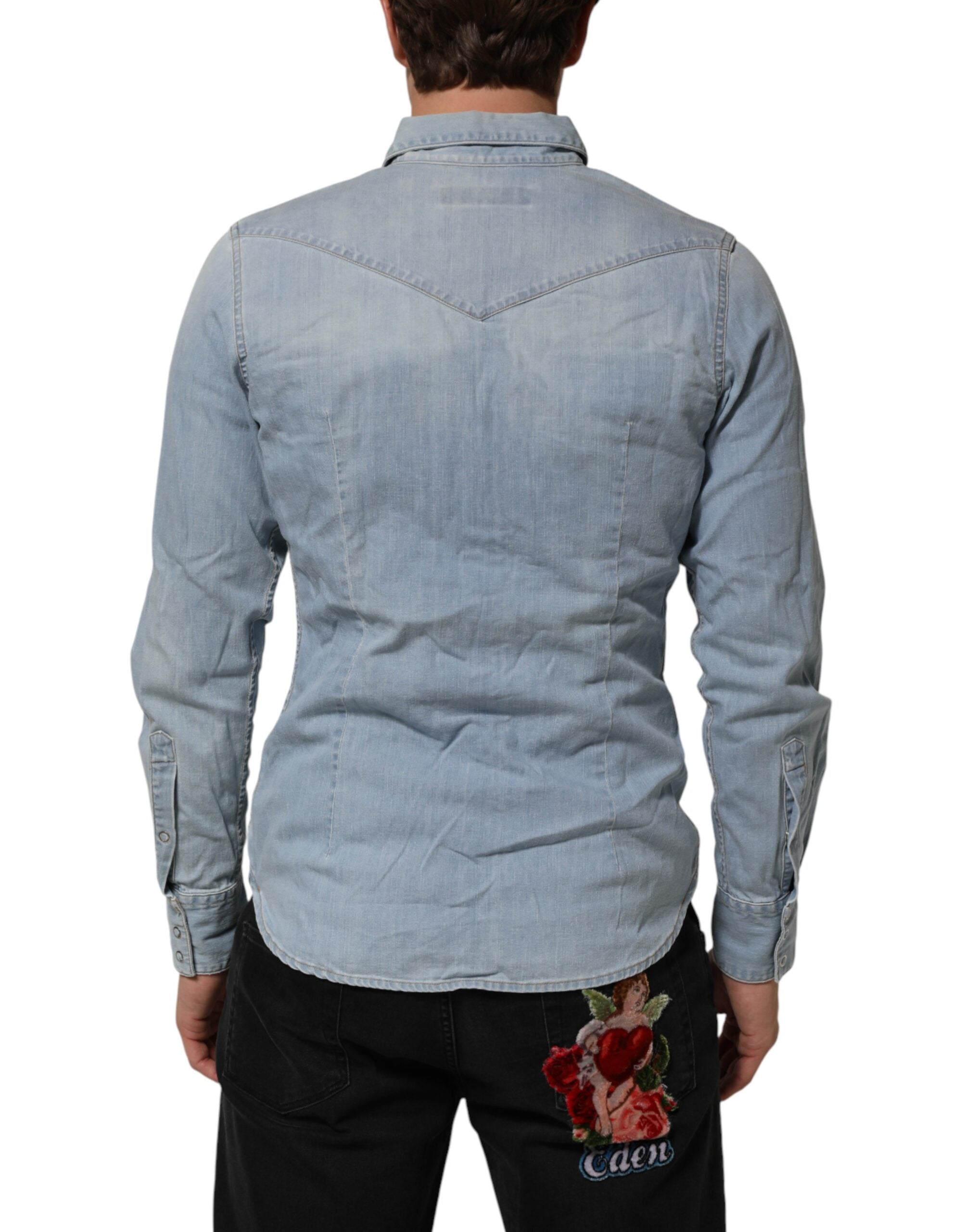 Maison Clochard Blue Denim Collared Long Sleeve Men Men's Shirt (Pre-Owned)