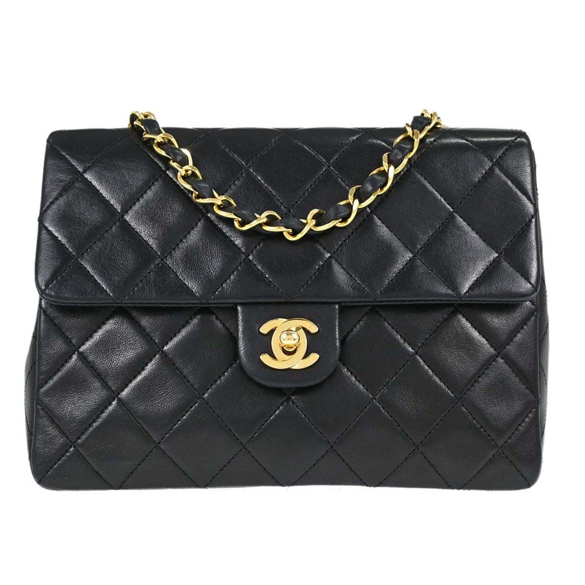 Chanel Vintage Square Classic Single Flap Quilted Lambskin Black Leather Handbag (Pre-Owned)