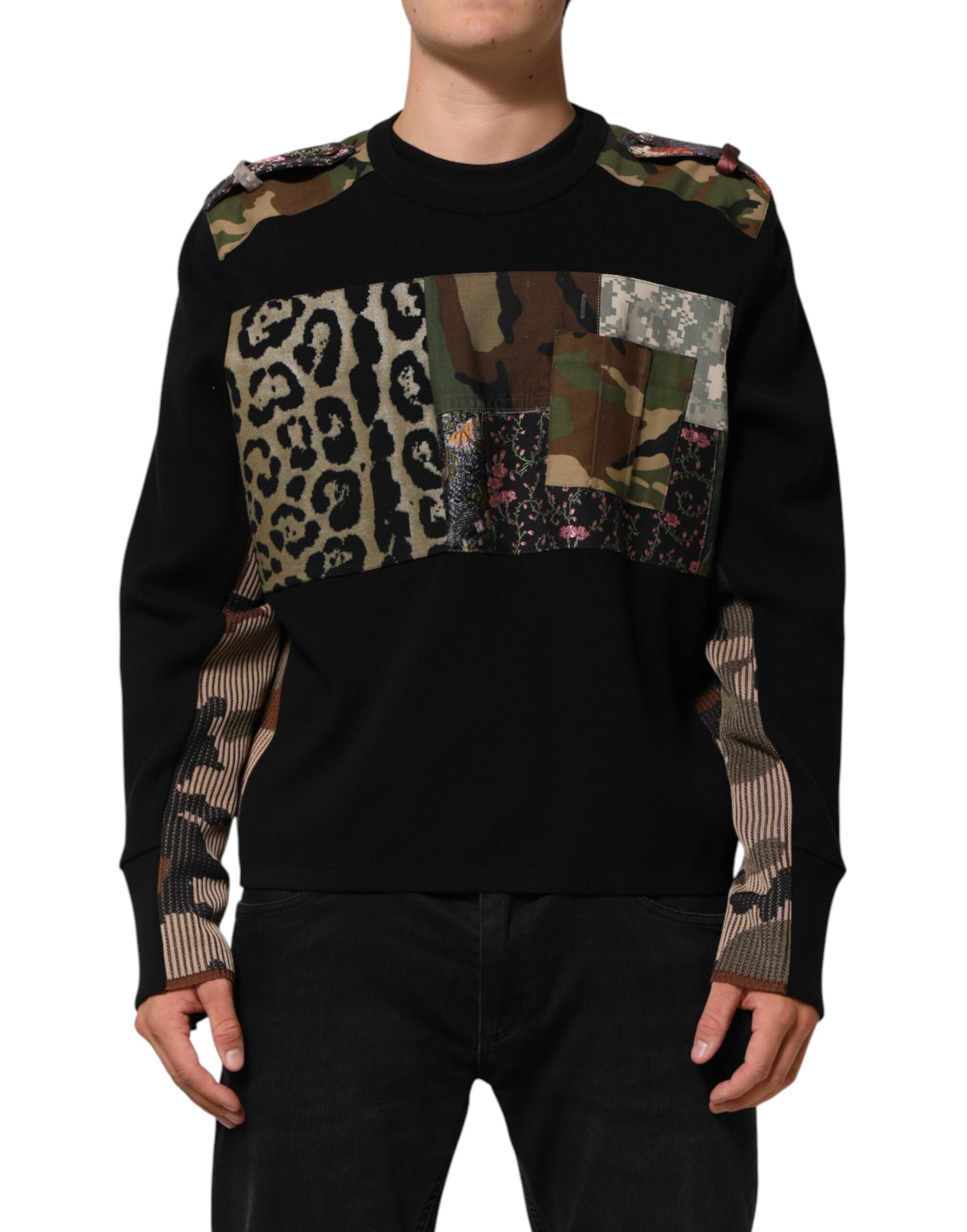 Dolce & Gabbana Black Patchwork Crew Neck Pullover Men's Sweater
