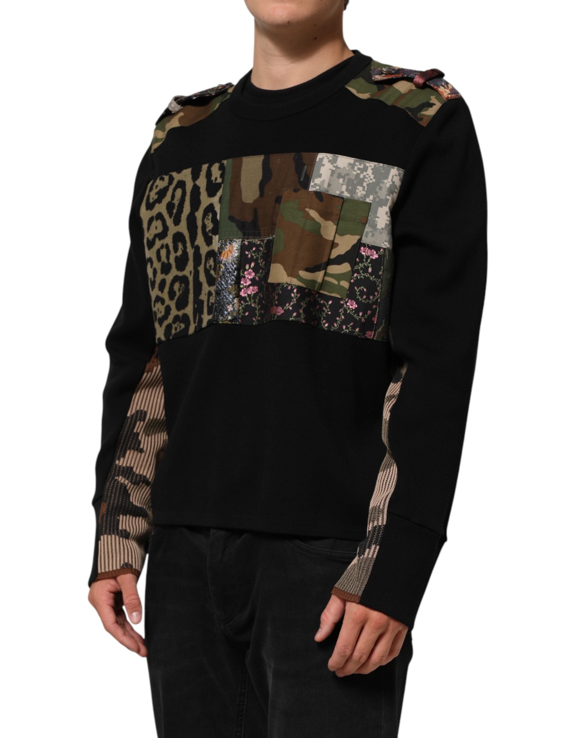 Dolce & Gabbana Black Patchwork Crew Neck Pullover Men's Sweater