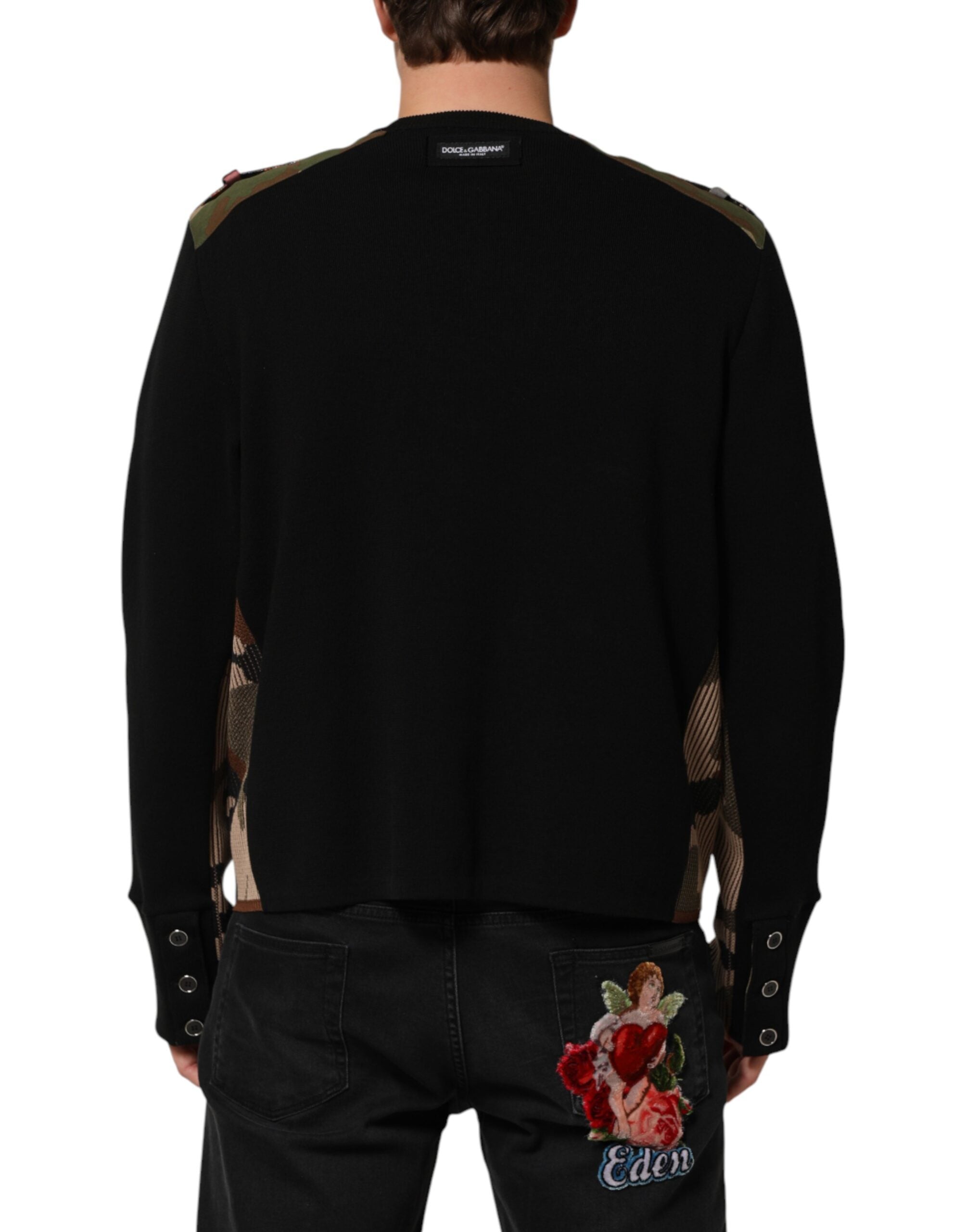 Dolce & Gabbana Black Patchwork Crew Neck Pullover Men's Sweater