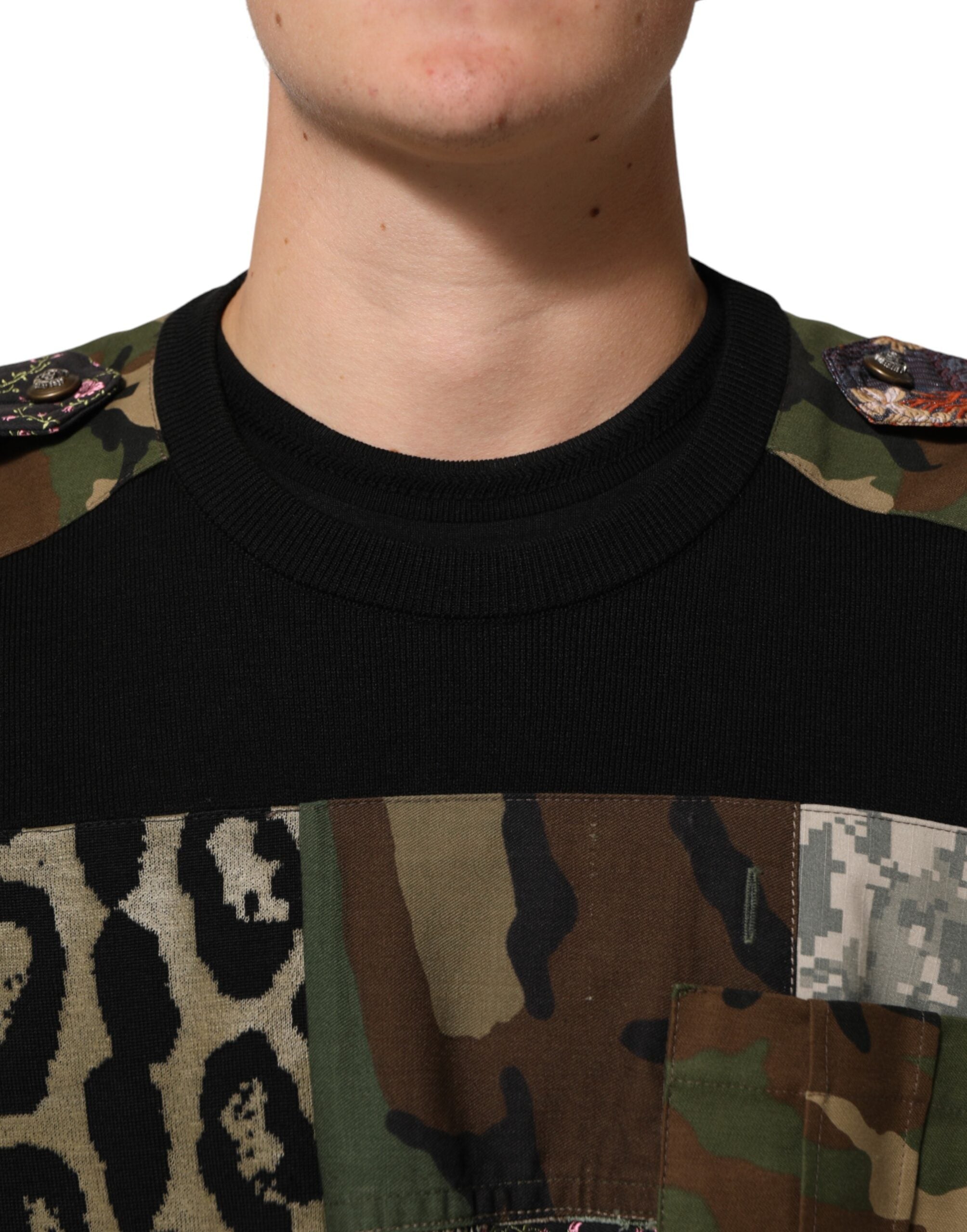 Dolce & Gabbana Black Patchwork Crew Neck Pullover Men's Sweater