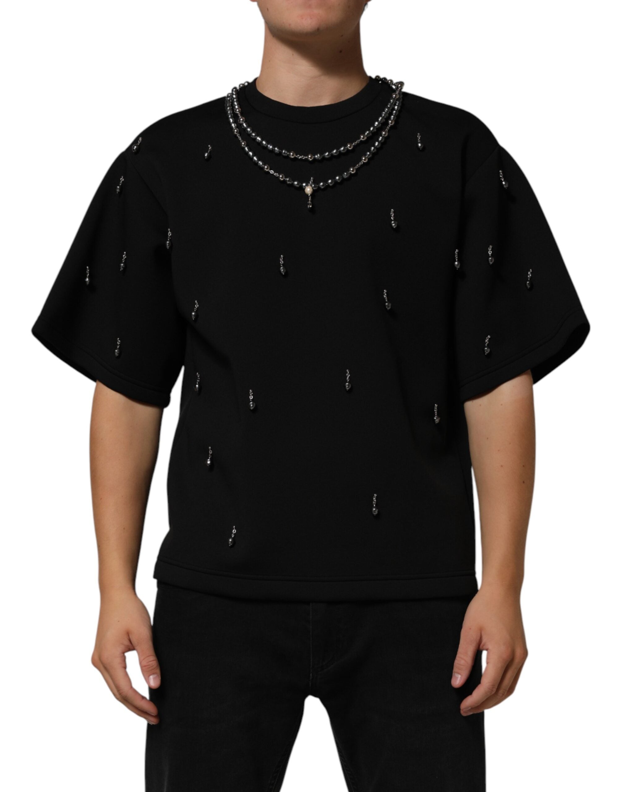Dolce & Gabbana Black Polyester Necklace Embellished Men's T-shirt