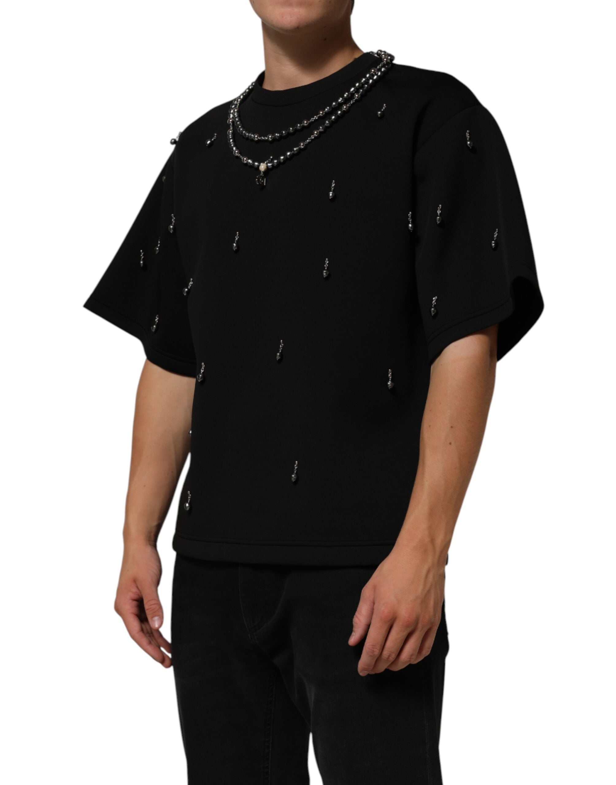 Dolce & Gabbana Black Polyester Necklace Embellished Men's T-shirt