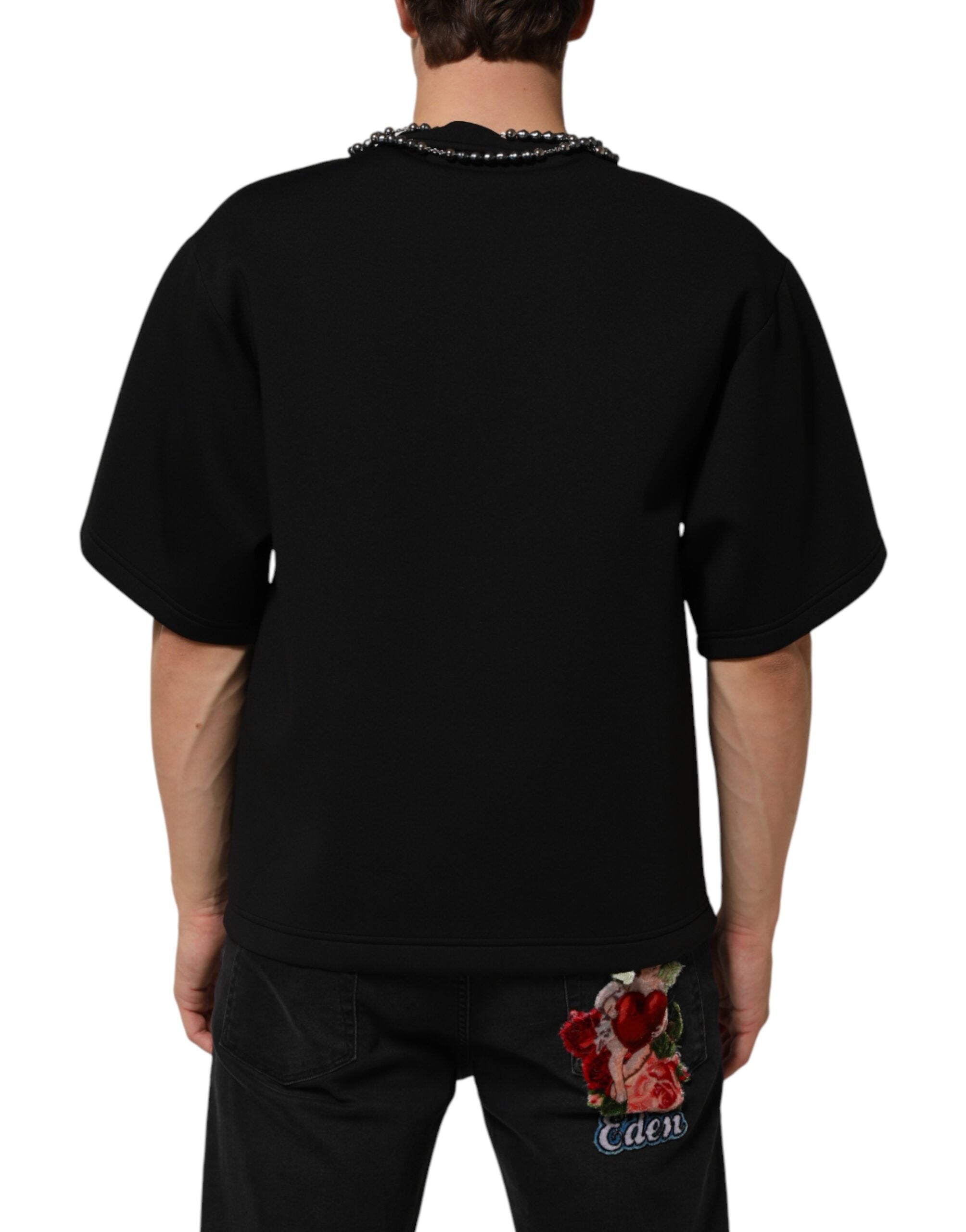 Dolce & Gabbana Black Polyester Necklace Embellished Men's T-shirt