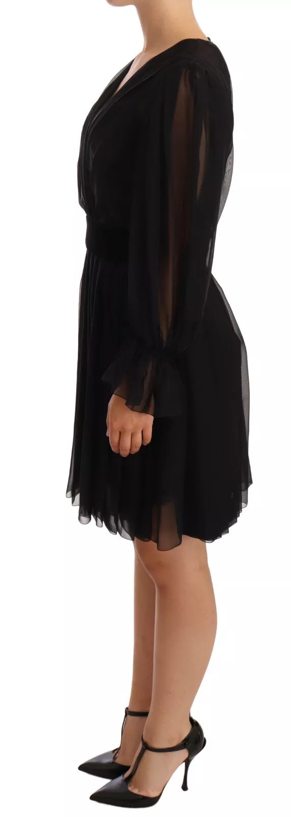 Dolce & Gabbana Black Silk Tulle Long Sleeve V-neck Women's Dress (Pre-Owned)