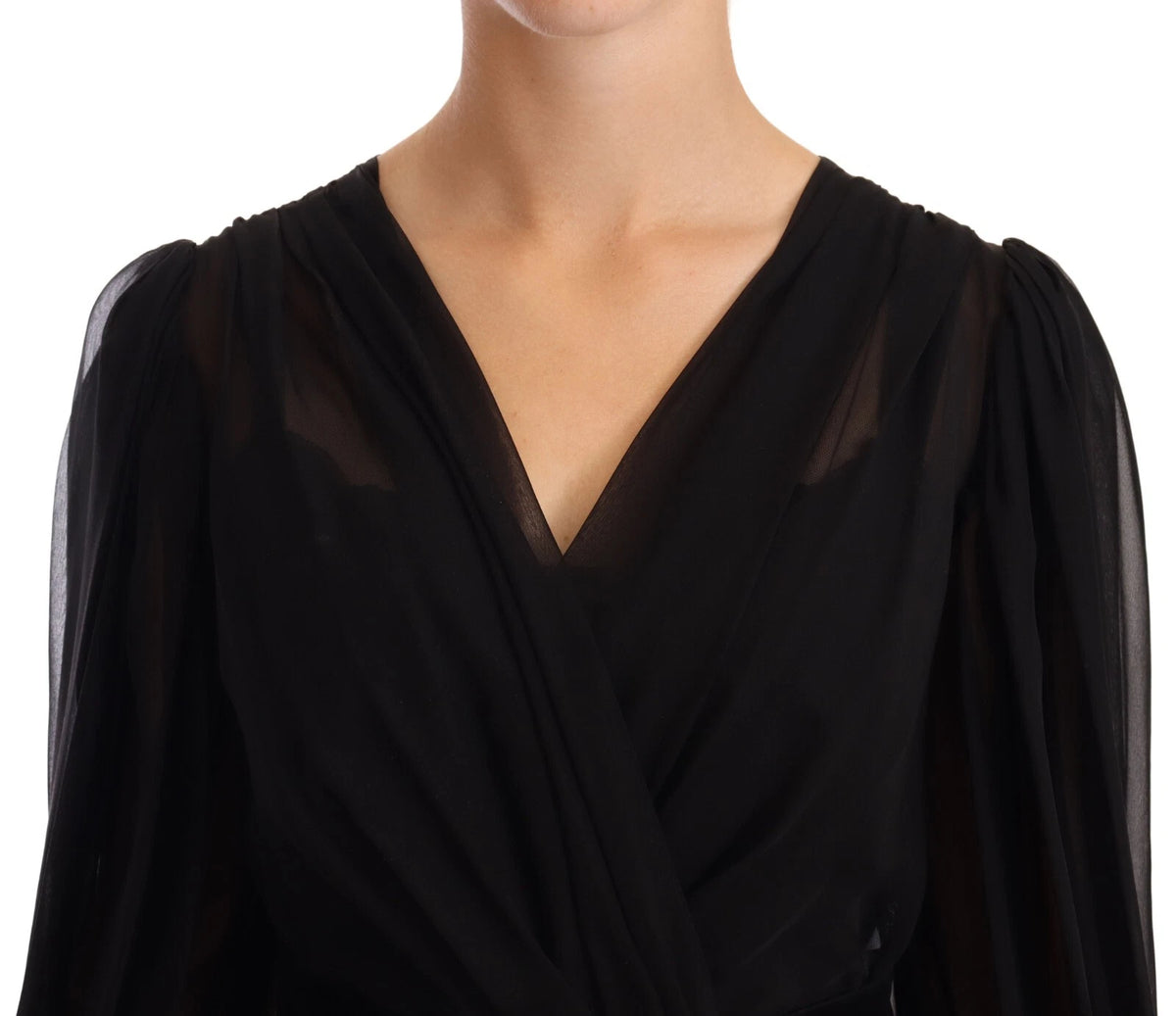 Dolce & Gabbana Black Silk Tulle Long Sleeve V-neck Women's Dress (Pre-Owned)