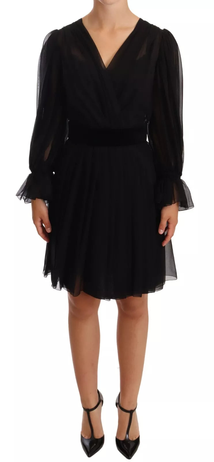 Dolce & Gabbana Black Silk Tulle Long Sleeve V-neck Women's Dress (Pre-Owned)
