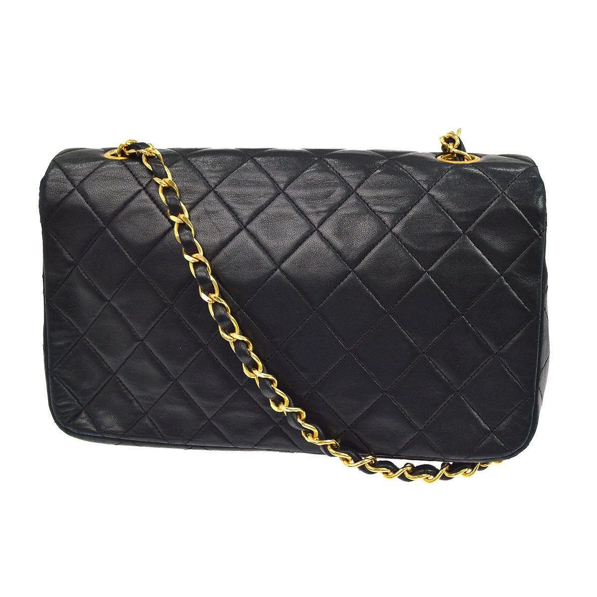 Chanel Vintage Full Flap Quilted Lambskin Black Leather Handbag (Pre-Owned)