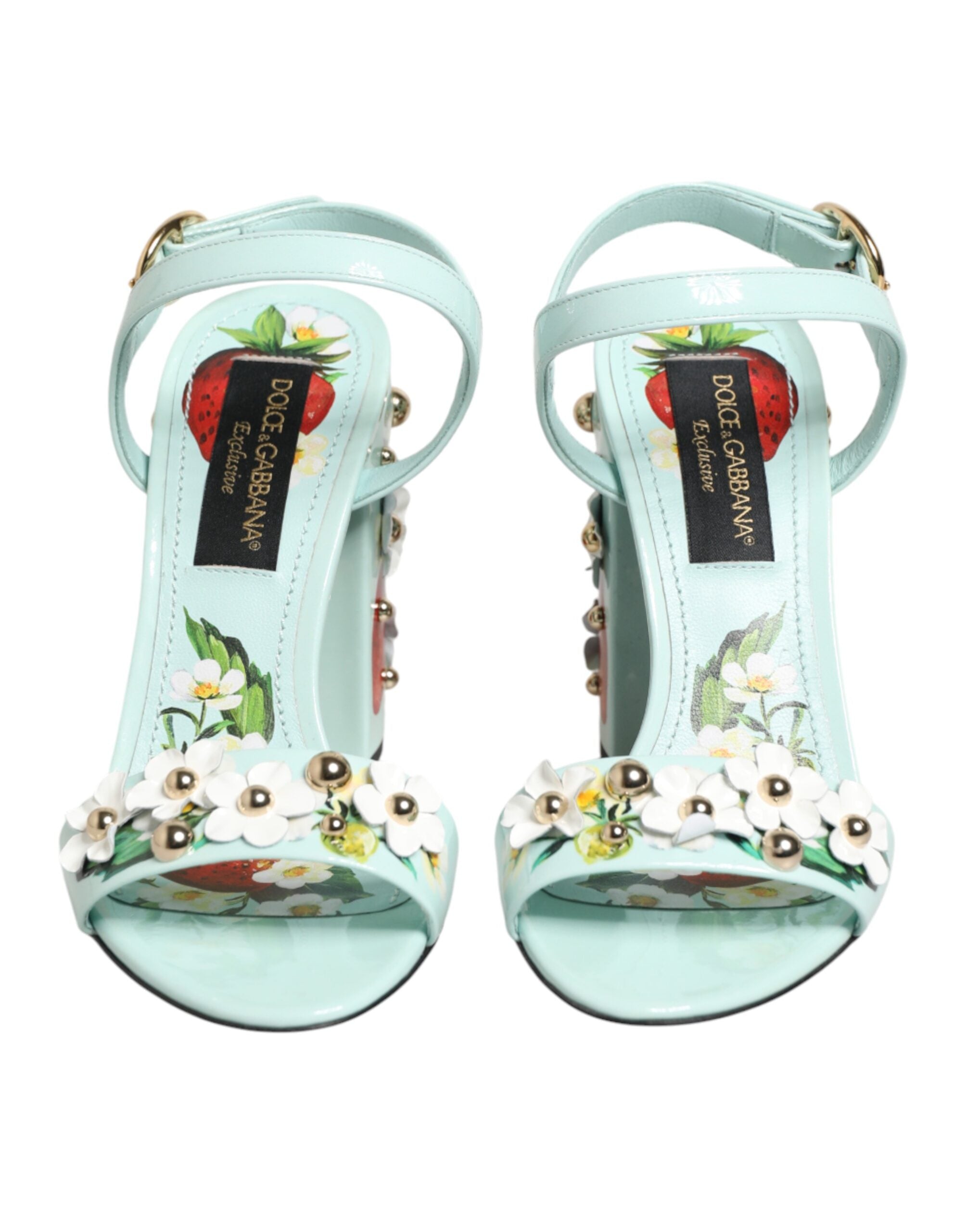 Dolce & Gabbana Mint Green Floral Studs Heels Sandals Women's Shoes