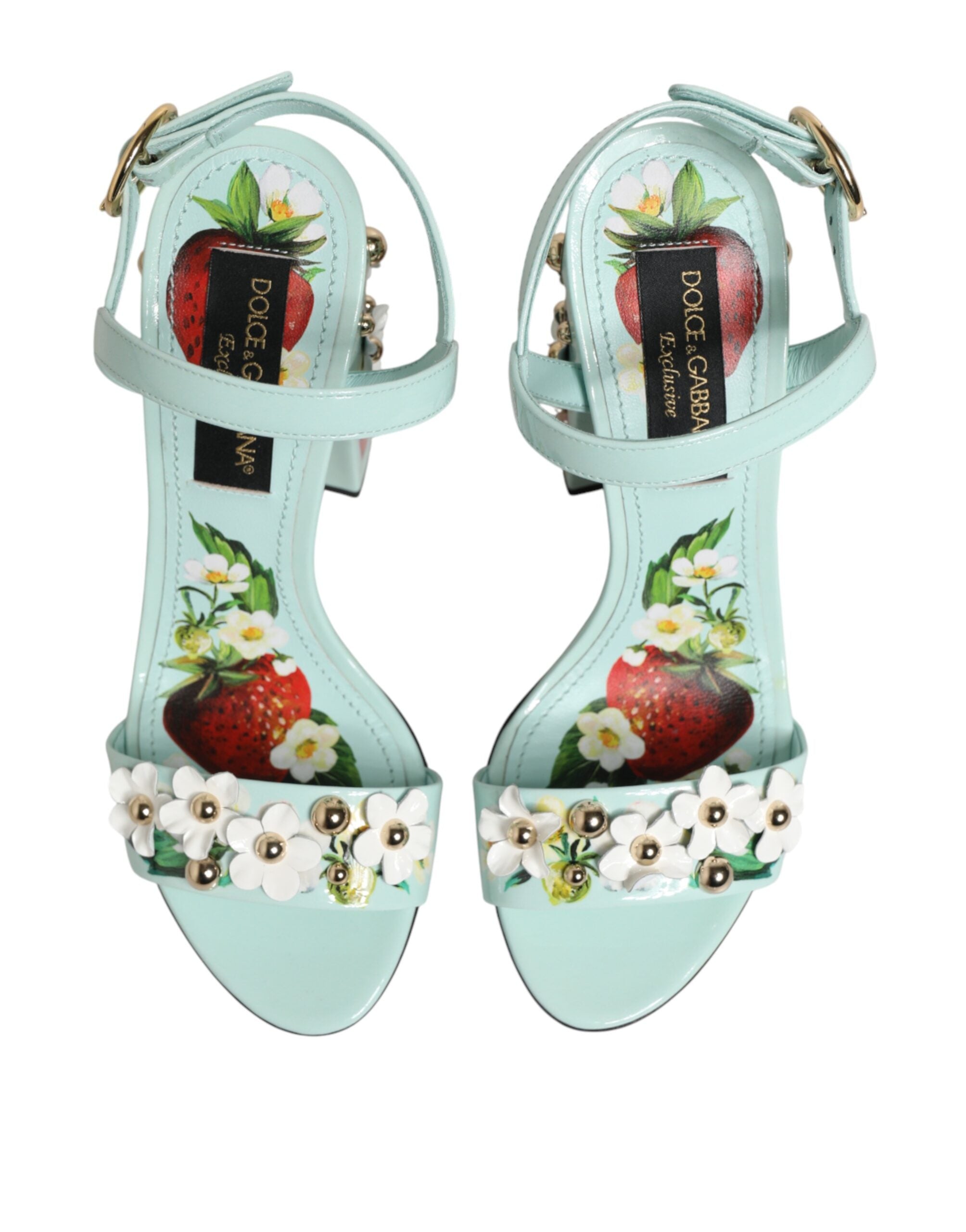 Dolce & Gabbana Mint Green Floral Studs Heels Sandals Women's Shoes