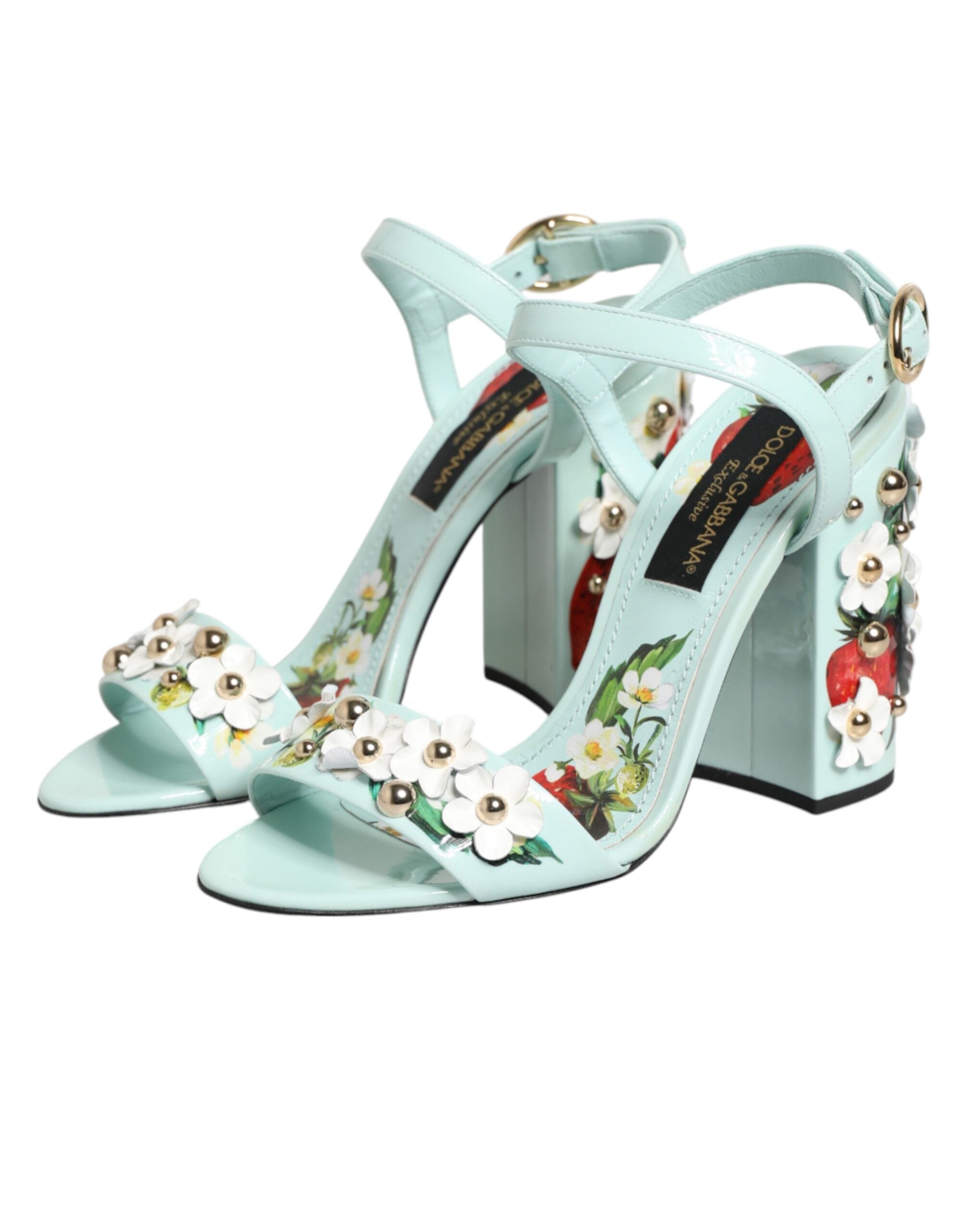 Dolce & Gabbana Mint Green Floral Studs Heels Sandals Women's Shoes