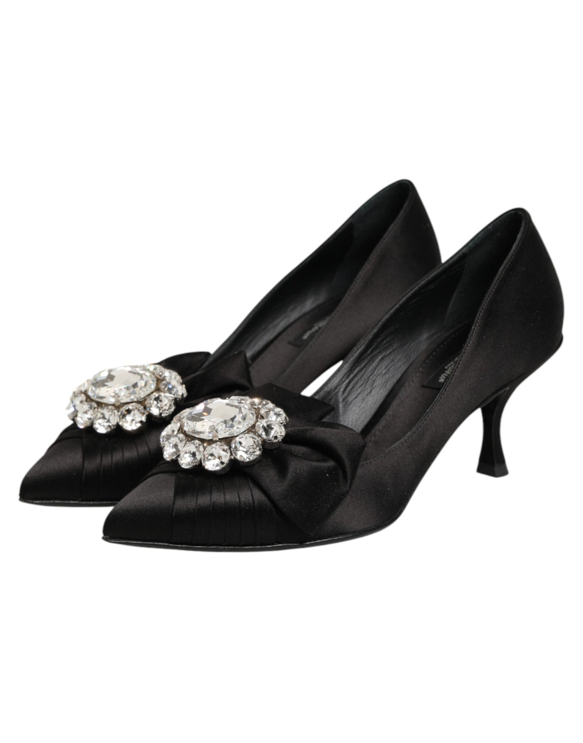 Dolce & Gabbana Black Satin Bow Crystal Embellishment Pumps Women's Shoes