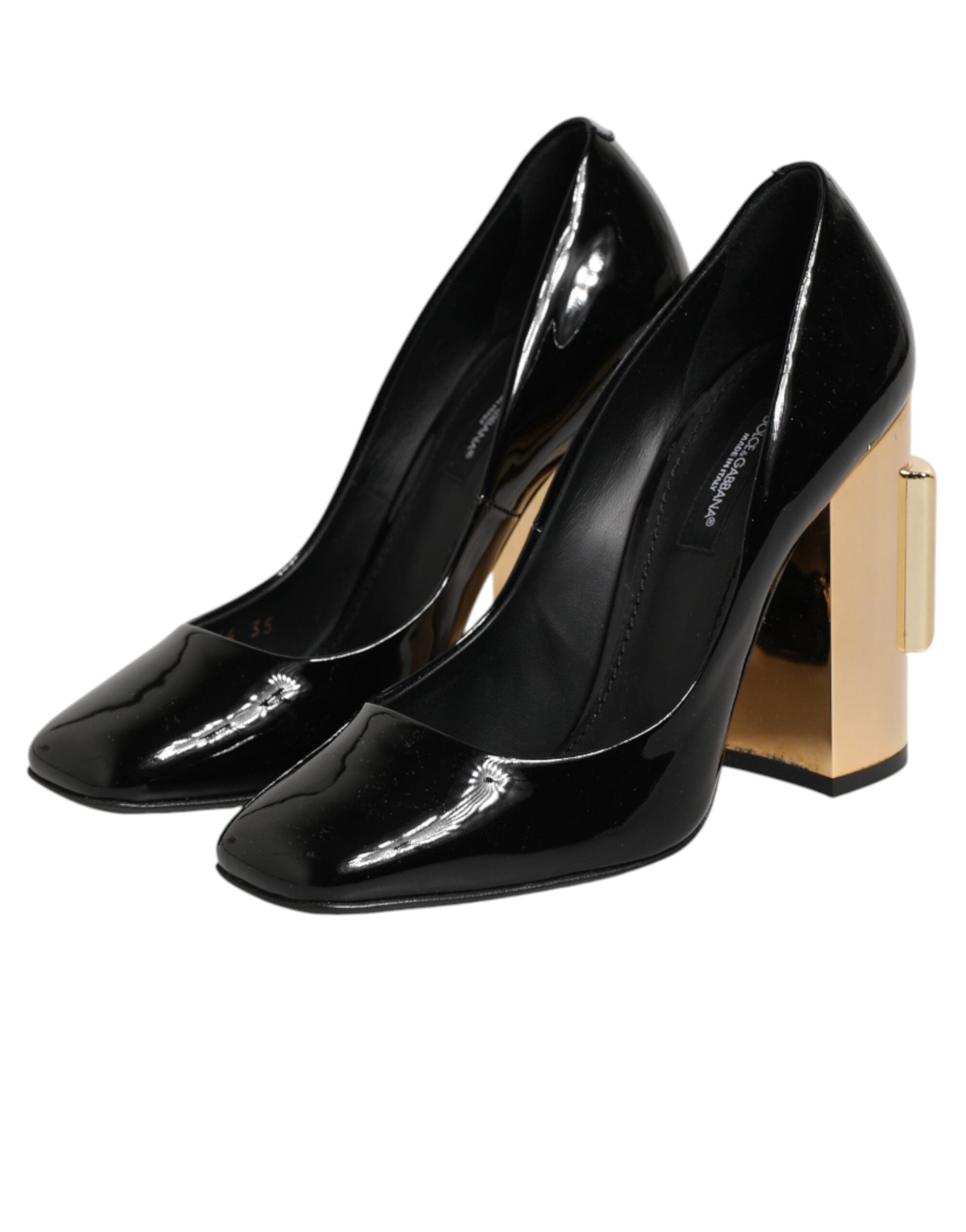 Dolce & Gabbana Black Gold Patent Leather Logo Heels Pumps Women's Shoes