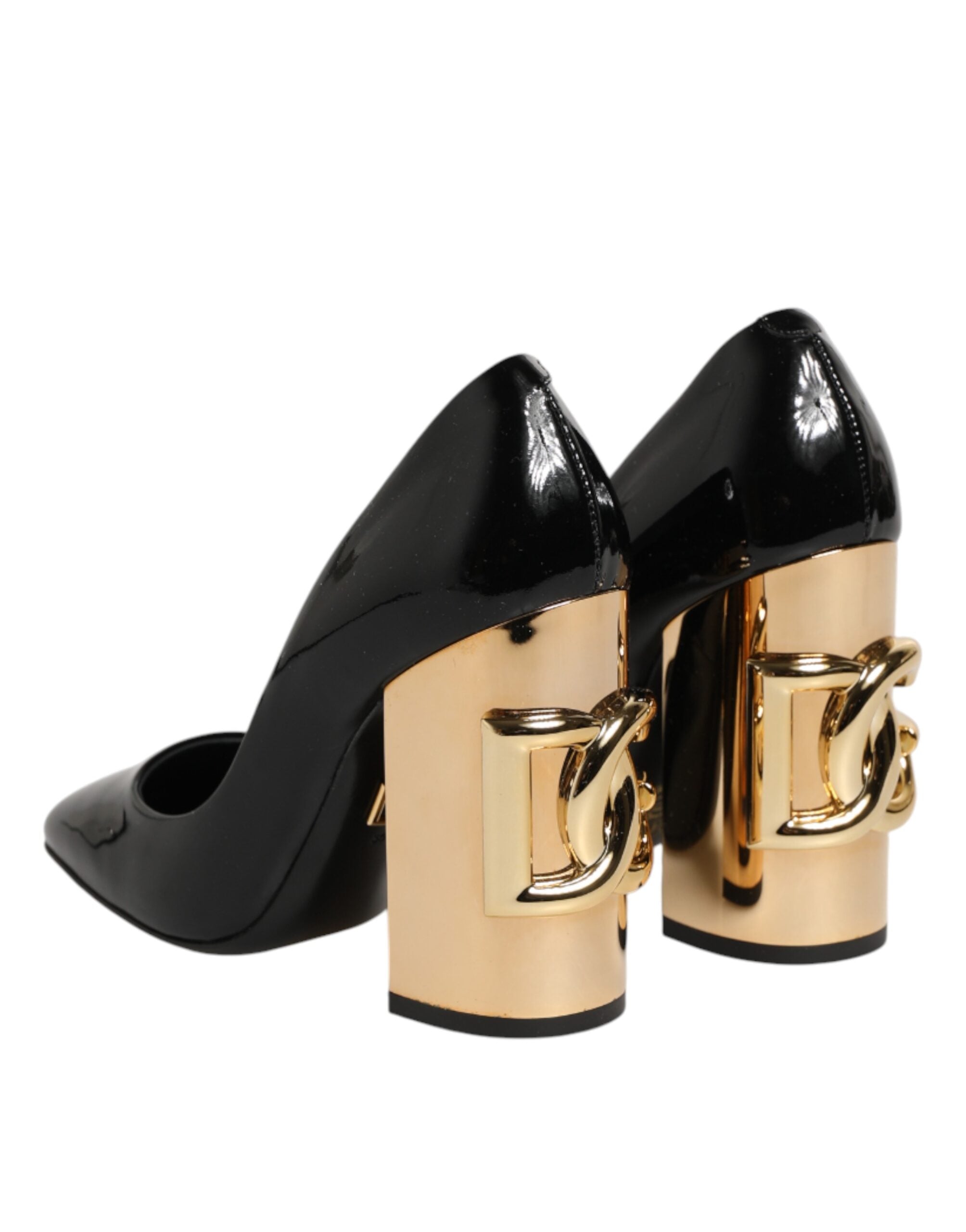 Dolce & Gabbana Black Gold Patent Leather Logo Heels Pumps Women's Shoes