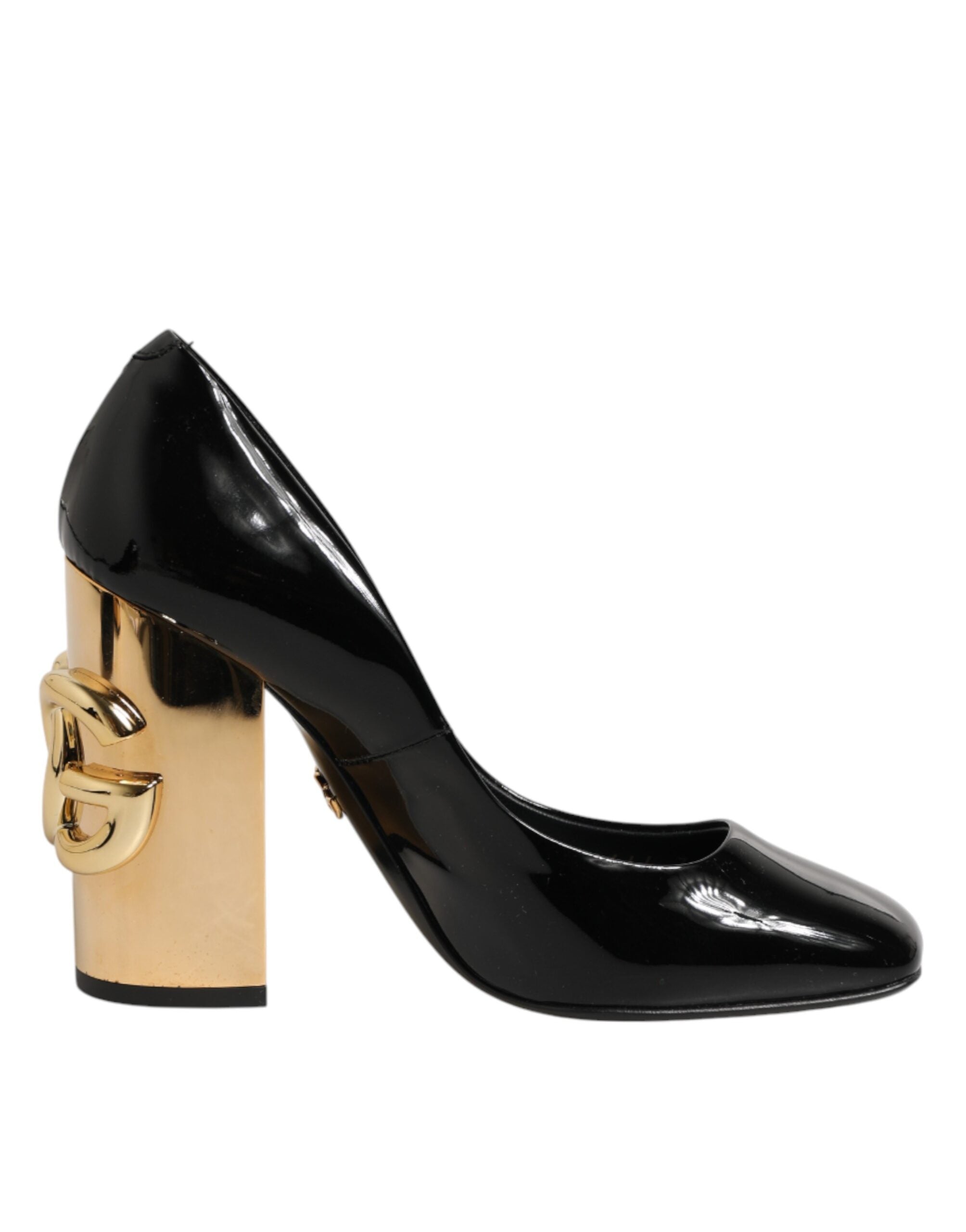 Dolce & Gabbana Black Gold Patent Leather Logo Heels Pumps Women's Shoes