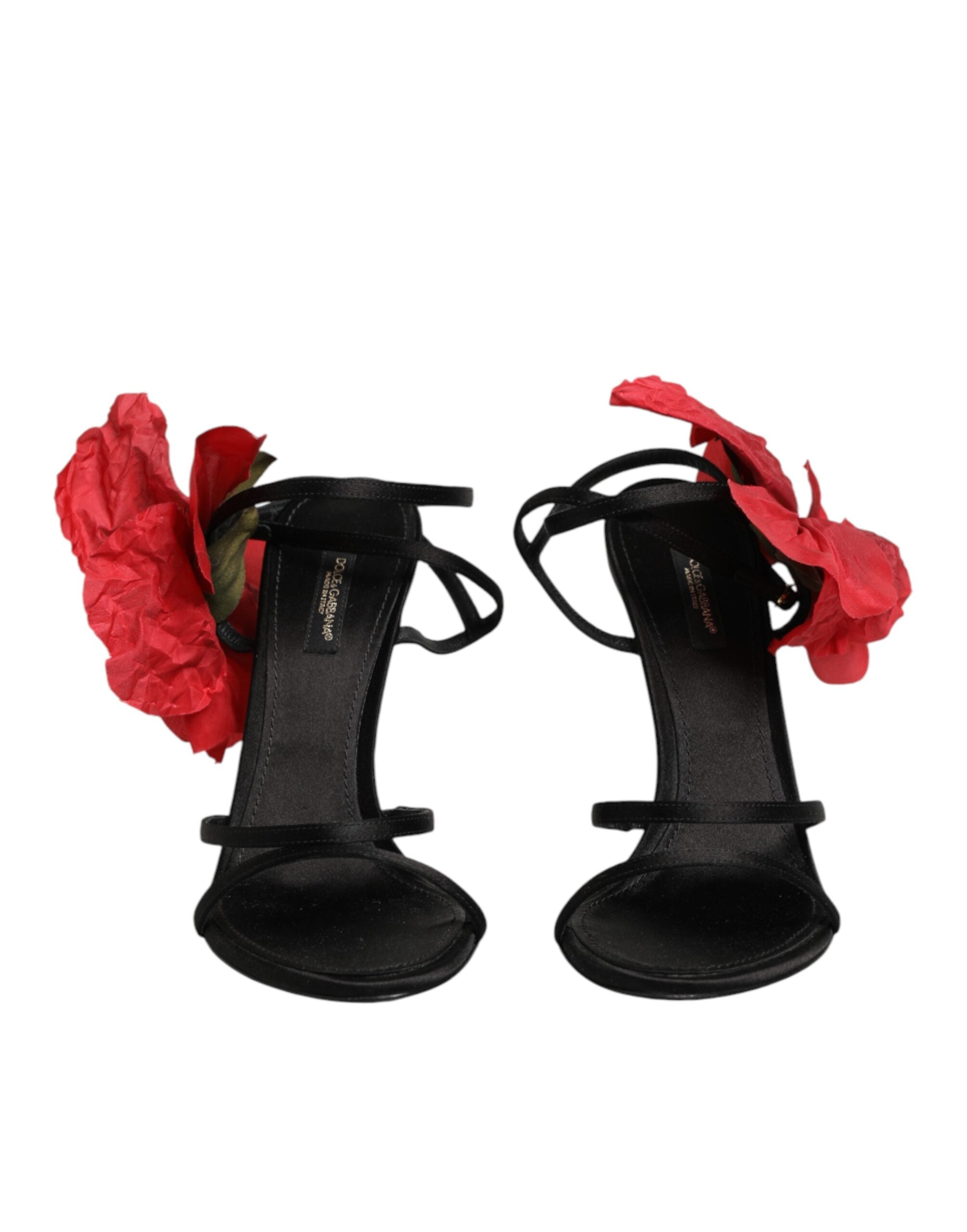 Dolce & Gabbana Black Leather Strappy Flower Heels Sandals Women's Shoes