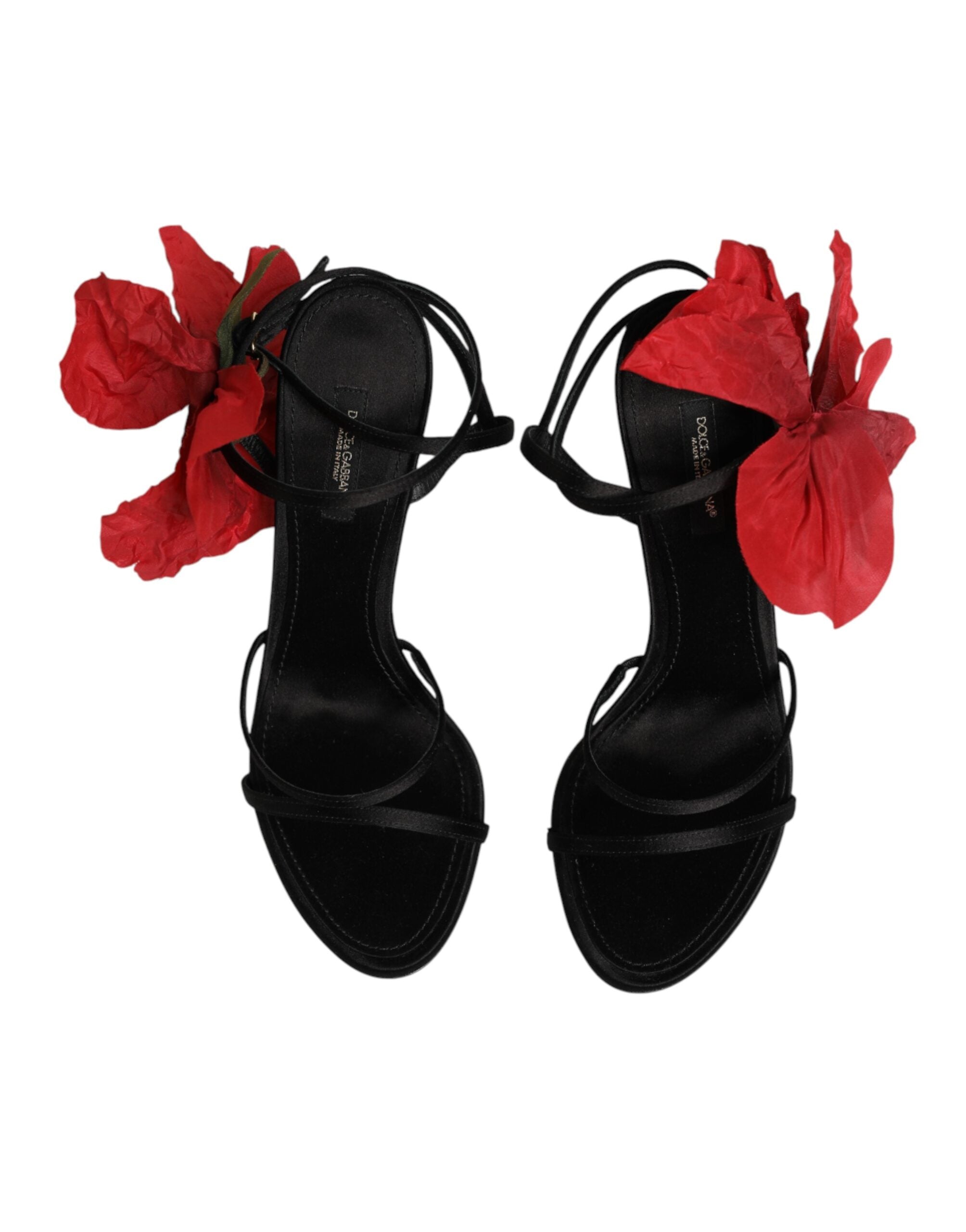 Dolce & Gabbana Black Leather Strappy Flower Heels Sandals Women's Shoes
