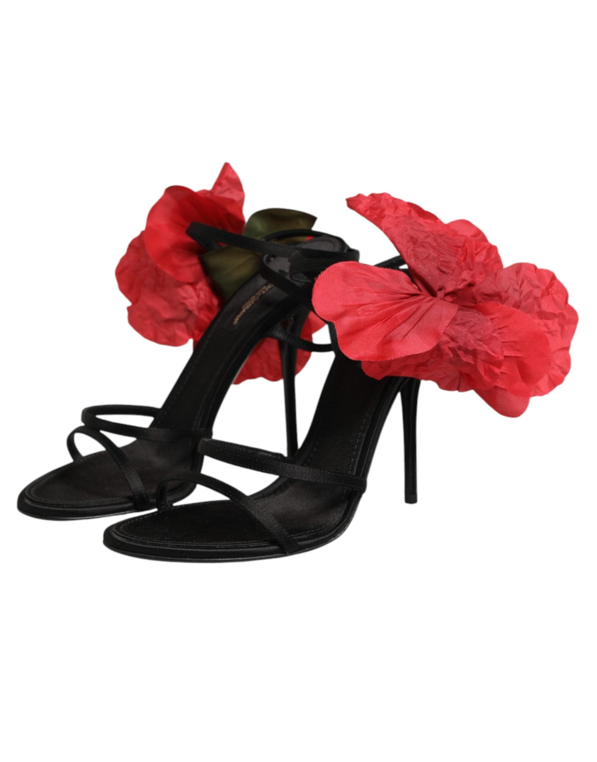 Dolce & Gabbana Black Leather Strappy Flower Heels Sandals Women's Shoes