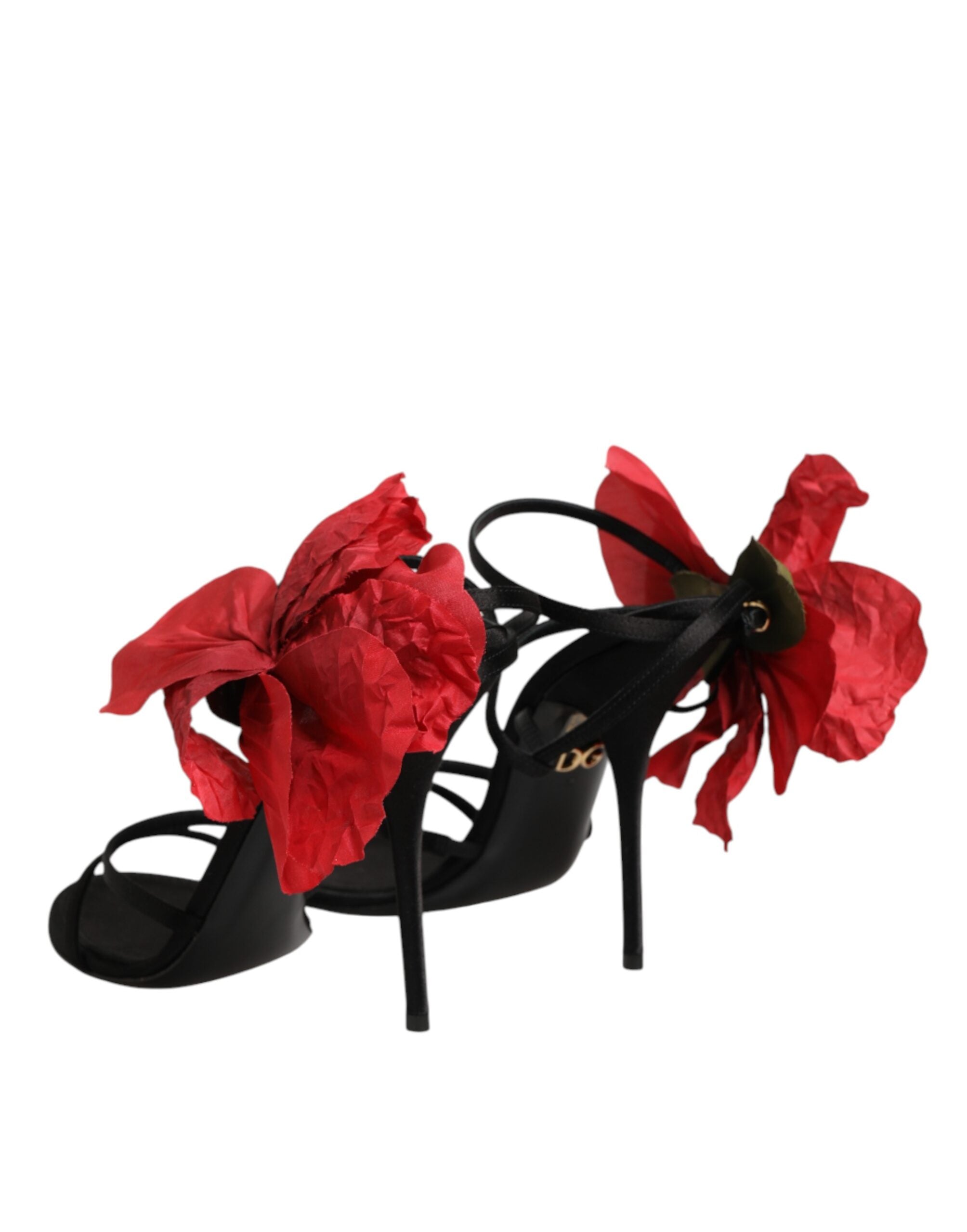 Dolce & Gabbana Black Leather Strappy Flower Heels Sandals Women's Shoes