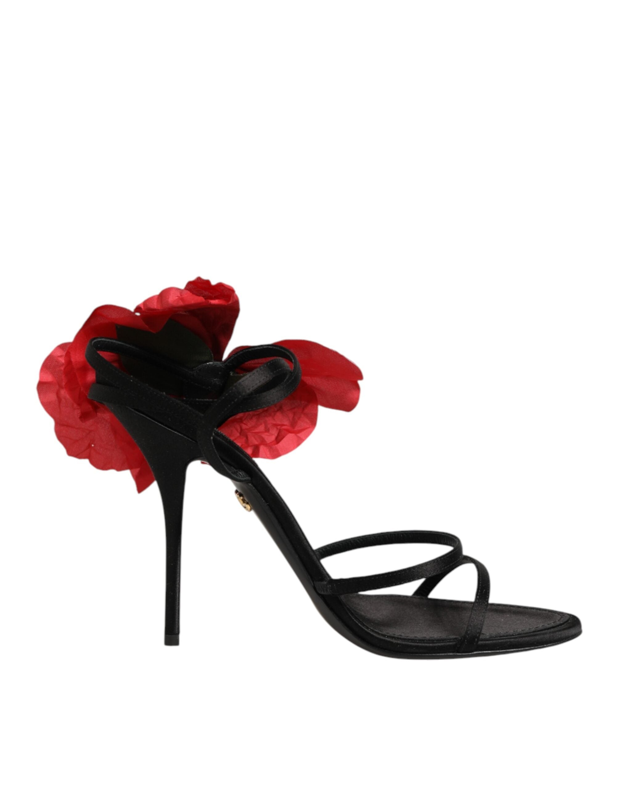 Dolce & Gabbana Black Leather Strappy Flower Heels Sandals Women's Shoes